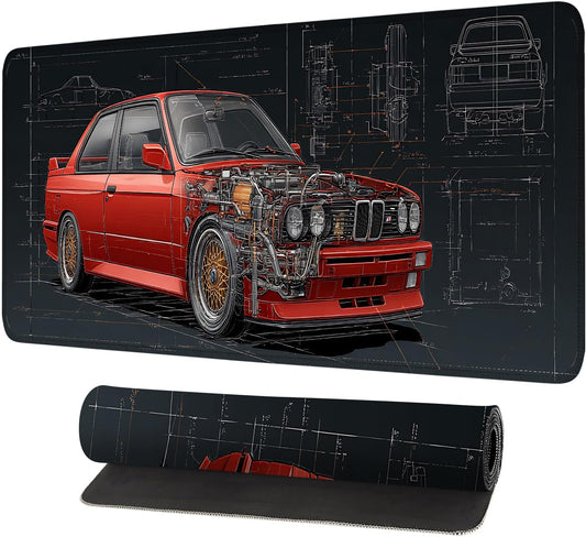 Retro Car Blueprint Mouse Pad – Large Extended Desk Mat 31.5 x 11.8 in – Classic Red Tuner Car Cutaway with Engine Diagram, Waterproof Surface, Non-Slip Rubber Base, Keyboard & Mouse Pad