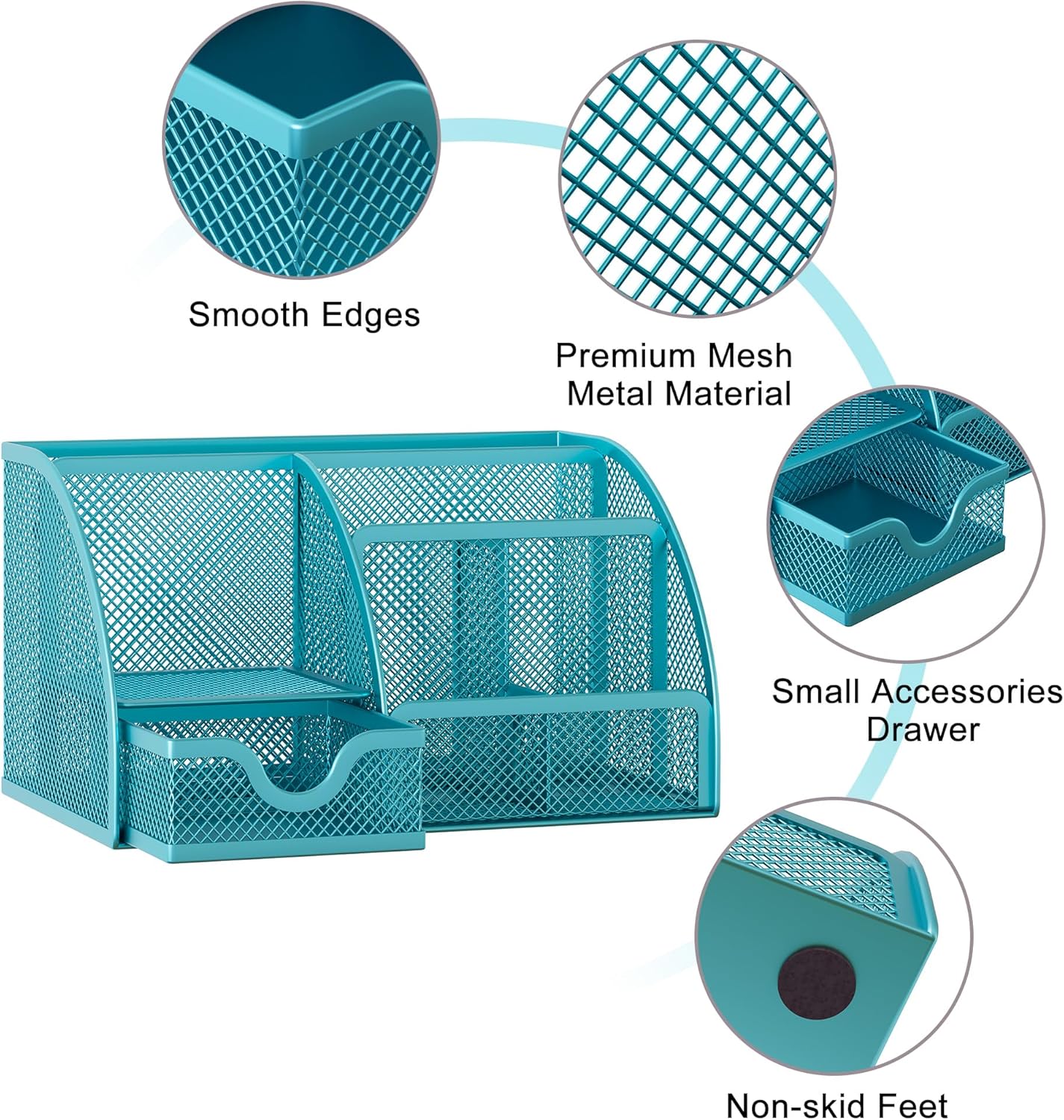 EasyPAG Mesh Desk Organizer with Drawer Multi-Functional Pen Holder Stationery Organizer for Office School Supplies 6 Compartments Dorm Organizers and Storage for Desk, Blue