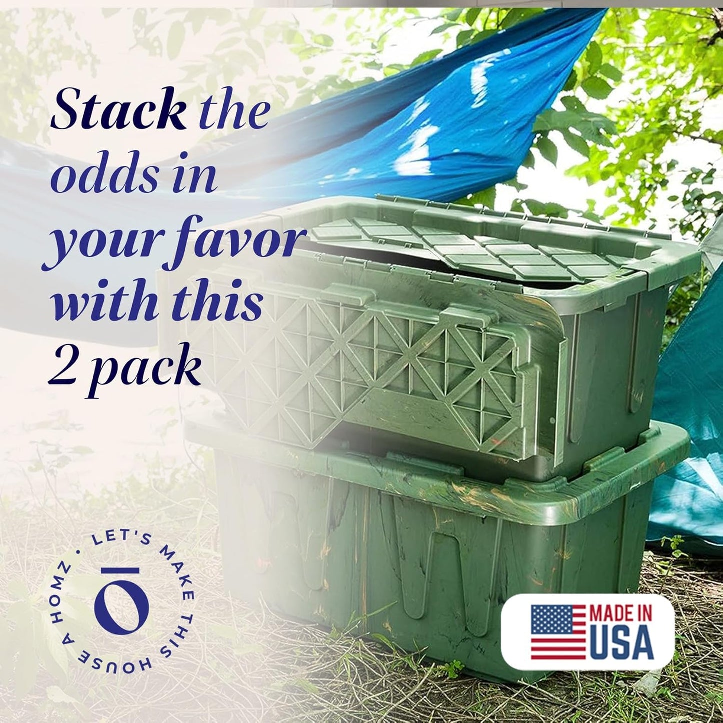 HOMZ 2-Pack Durabilt Tote, Heavy Duty Plastic Storage Bins with Lids, 15 Gallon, Green Camo - Stackable Organizing Containers for Home, Garage, and Office