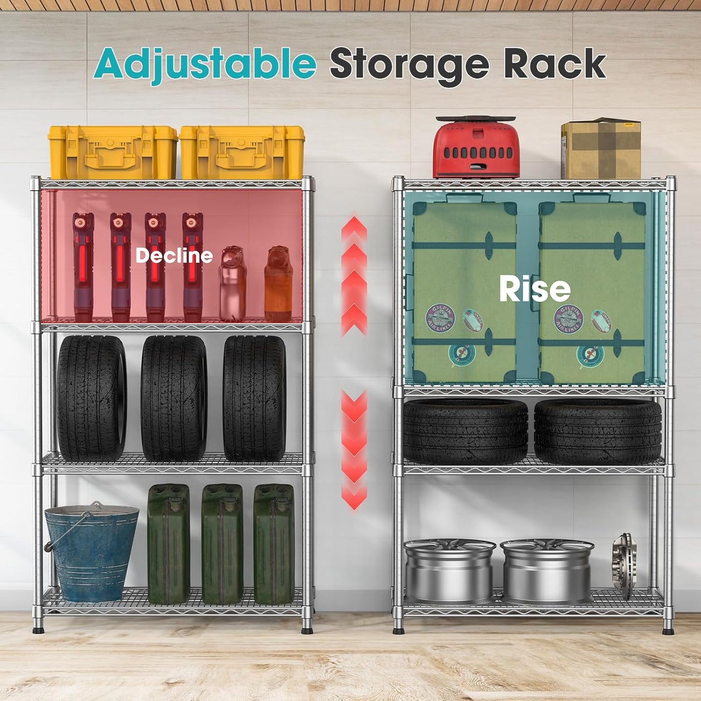 4- Shelf Storage Shelves Metal Shelving Unit Adjustable 4 Tier Wire Shelving Rack Sturdy Steel Heavy-Duty 2200 LBS Organizer for Laundry Bathroom Kitchen Closet Pantry Basement Garage Utility Room