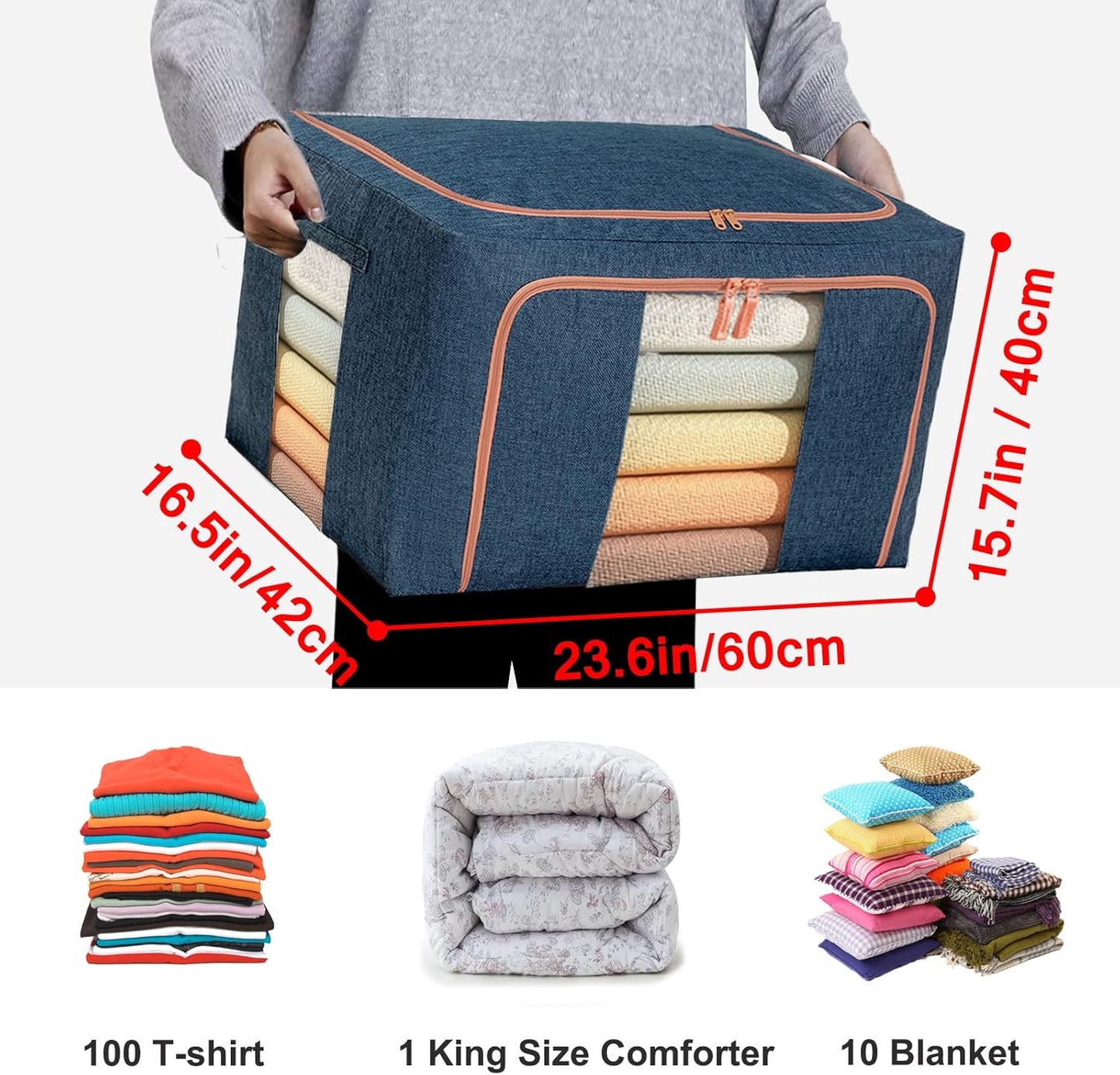 100L Large Capacity Clothes Storage Organizer,Stackable Storage Bags with Foldable Metal Frame, Zipper, Handles, Clear Window, Storage Container Box for Blanket Sweater Comforter Pillow (Navy 2Pack )