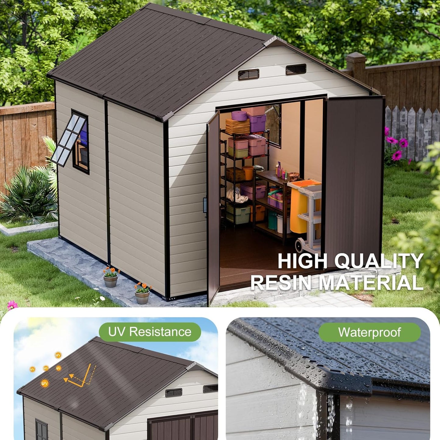8x8 FT Outdoor Storage Shed, Waterproof Resin Shed with Floor Included & Lockable Door & Window & Vents, Outside Plastic Sheds for Backyard, Patio, Poolside, Lawn, Dove Grey