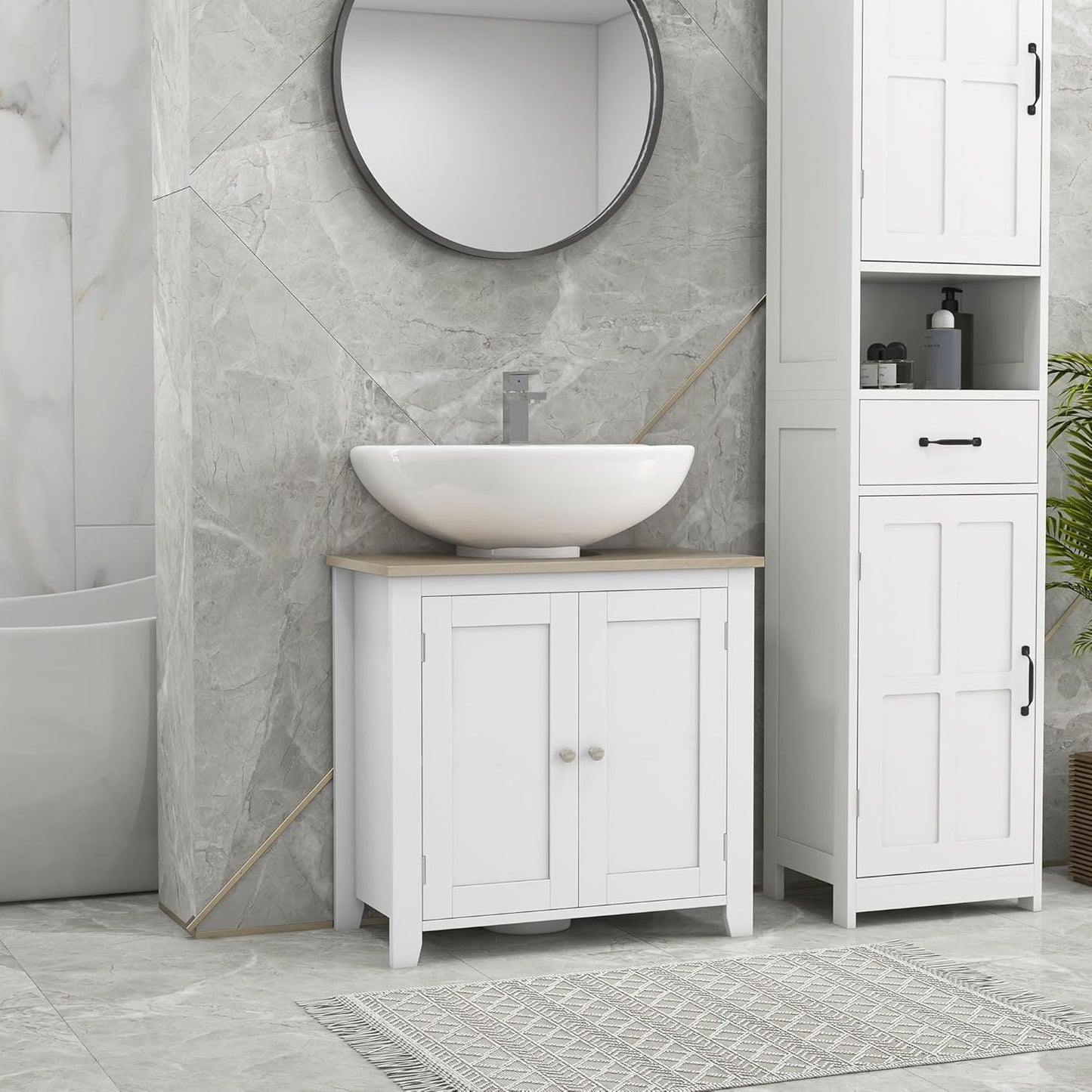 kleankin Pedestal Sink Storage Cabinet, Under Sink Cabinet with U-Shape and Adjustable Internal Shelf, White