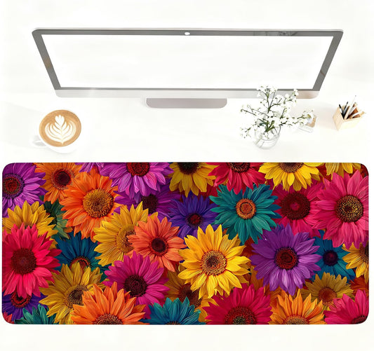 Colorful Floral Mouse Pad – Large Extended Desk Mat 35.43 x 15.75 in – Bright Rainbow Sunflower Design, Non-Slip Rubber Base, Waterproof Surface, Oversized Keyboard & Mouse Pad for Office or Gaming