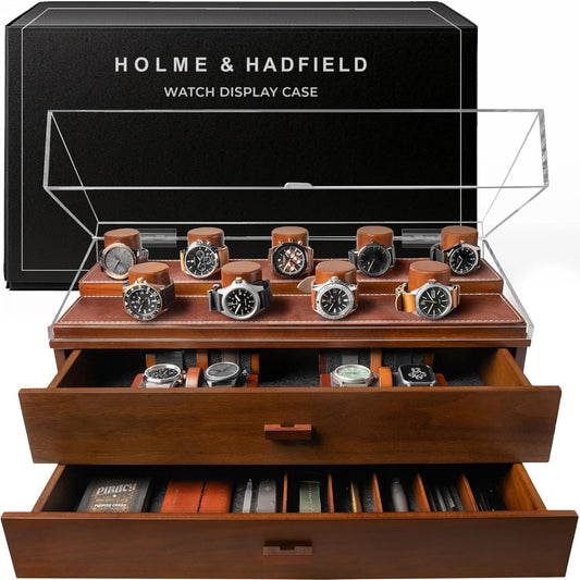 Premium 17 Slot Watch Box for Men - Extra Large Wooden Watch Display Case with Hinged Cover, Leather Lining & 2 Drawers - Watch Holder Organizer Stand - Handcrafted Luxury Christmas Gift for Men