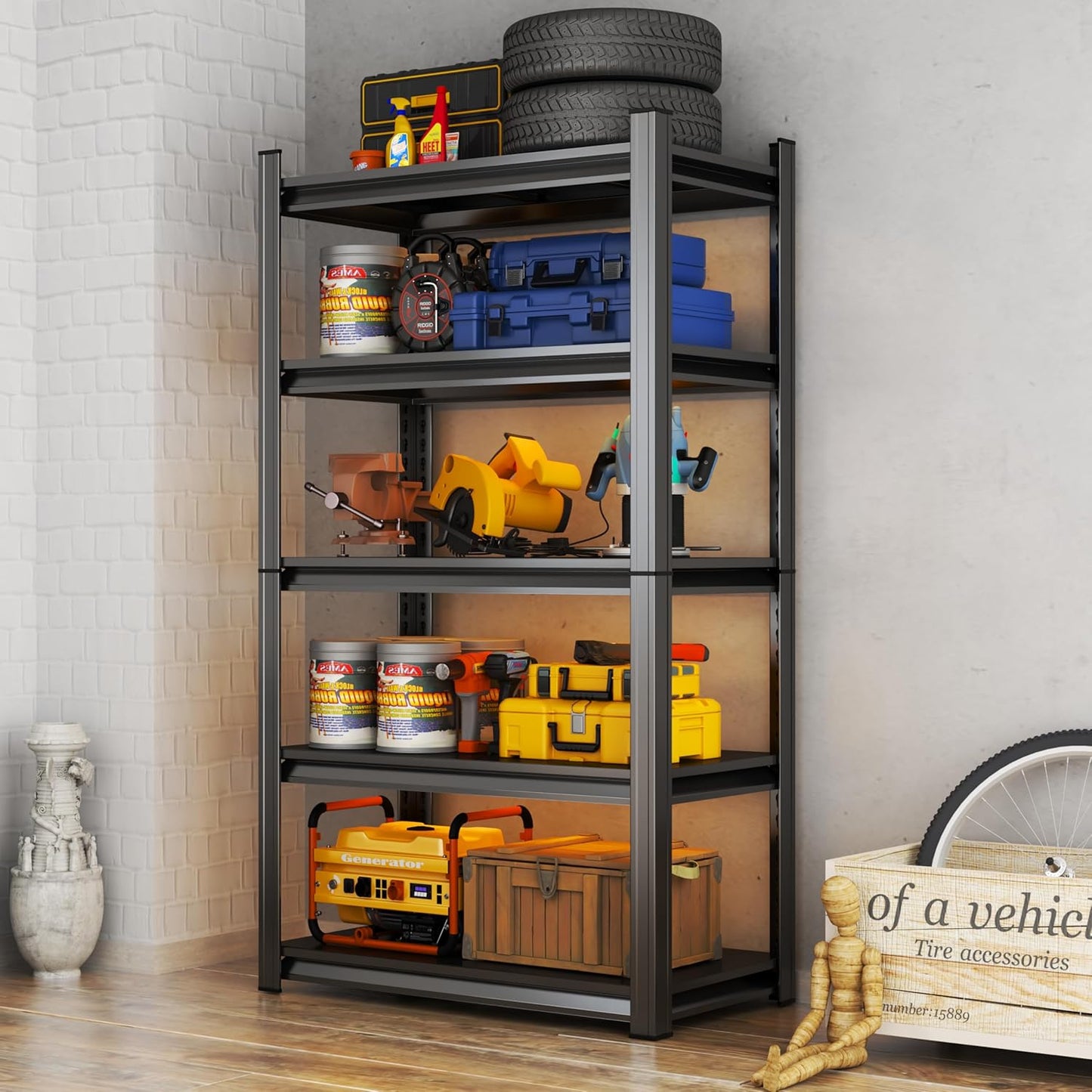 Storage Shelves, Garage Metal Shelving Unit, Adjustable, Double-Layer Column with Reinforced Ribs, Heavy-Duty, Capable of Bearing 600-3600 lbs (Black, 45''W*20''D*71''H, 5-Tier)