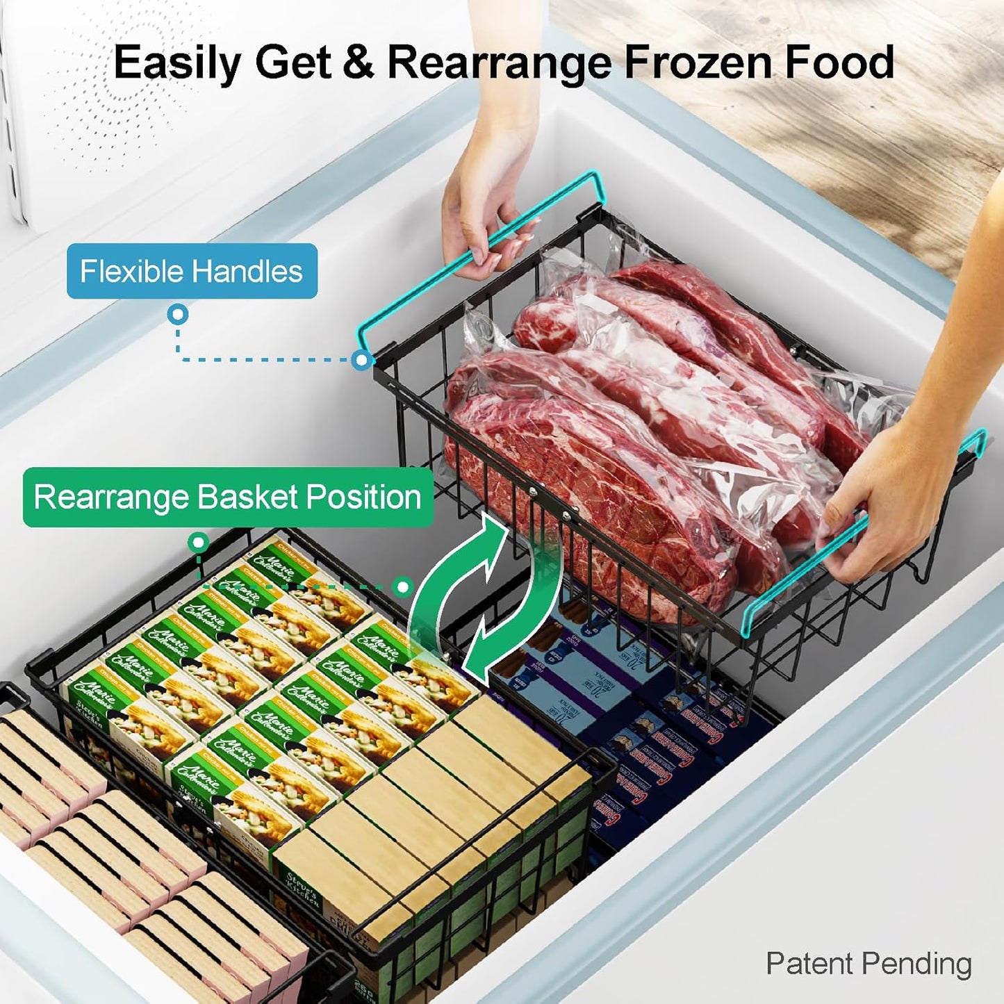 iSPECLE Freezer Organizer Bins - Fit 10 to 20 Cu Ft Chest Freezer, 2 Pack Large Expandable Stackable Deep Freezer Organizer Bins Sort and Easily Get Food without Digging in the Freezer, Black