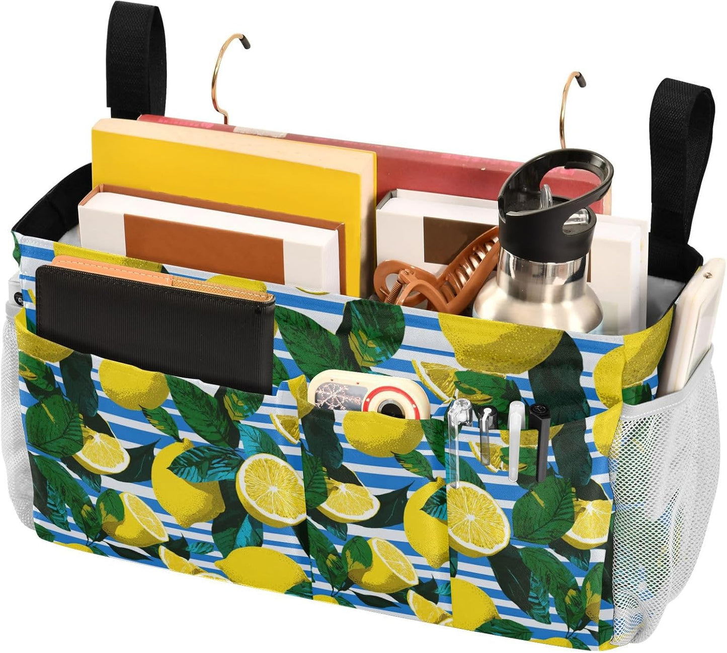 White and Blue Striped Lemons Bedside Caddy for Dorm Bed Bedside Hanging Caddy Bag Iron Frame Storage Organizer Pocket for Bunk Home College Hospital Beds 2 Hooks
