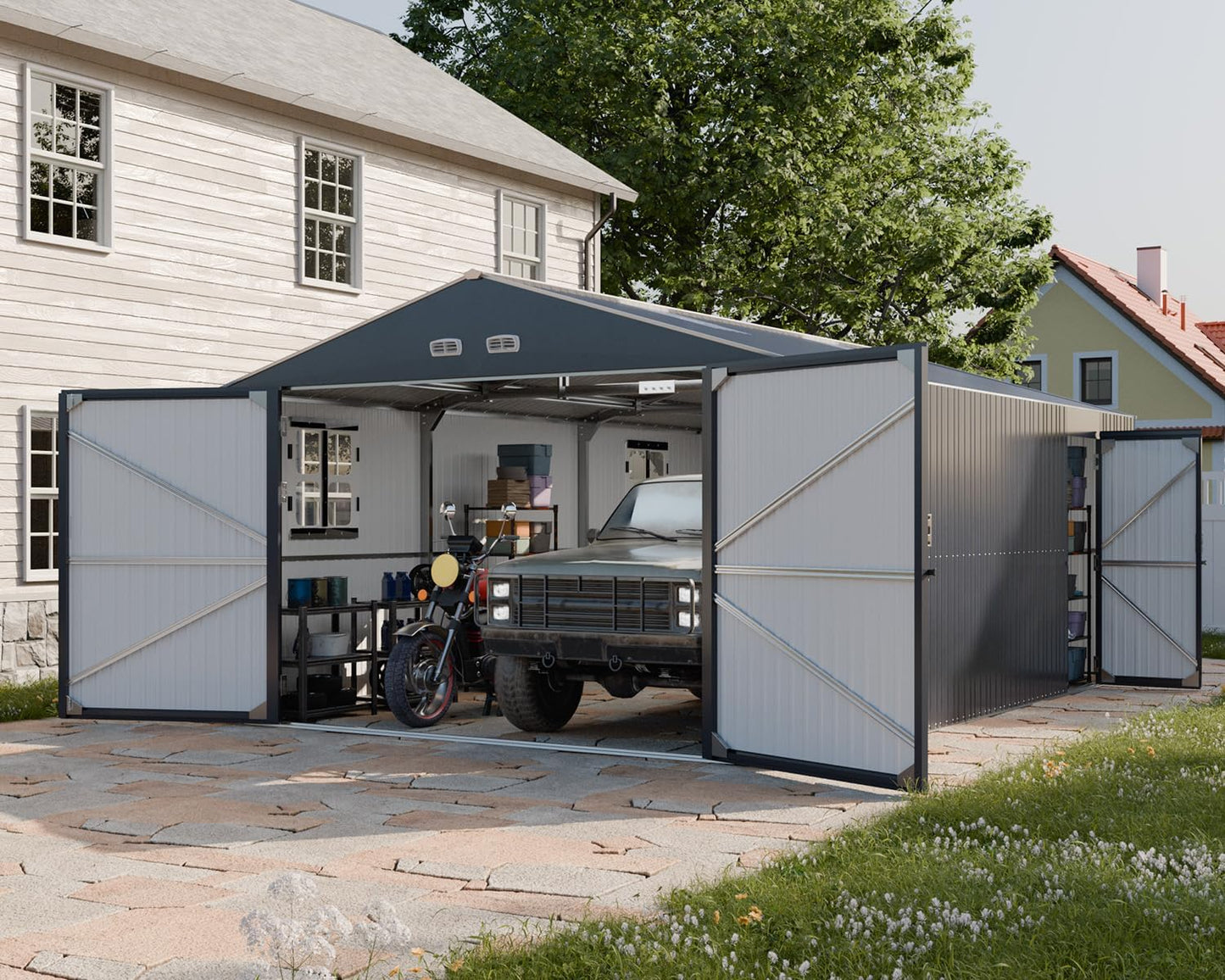 Metal Garage Shed, 13x20x8.5' Large Outdoor Storage Building and Workshop, Weatherproof Steel Carport with Ultra-Reinforced Truss System, Skylights Dual-Entry