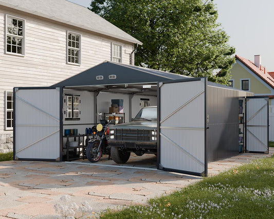 Metal Garage Shed, 13x20x8.5' Large Outdoor Storage Building and Workshop, Weatherproof Steel Carport with Ultra-Reinforced Truss System, Skylights Dual-Entry