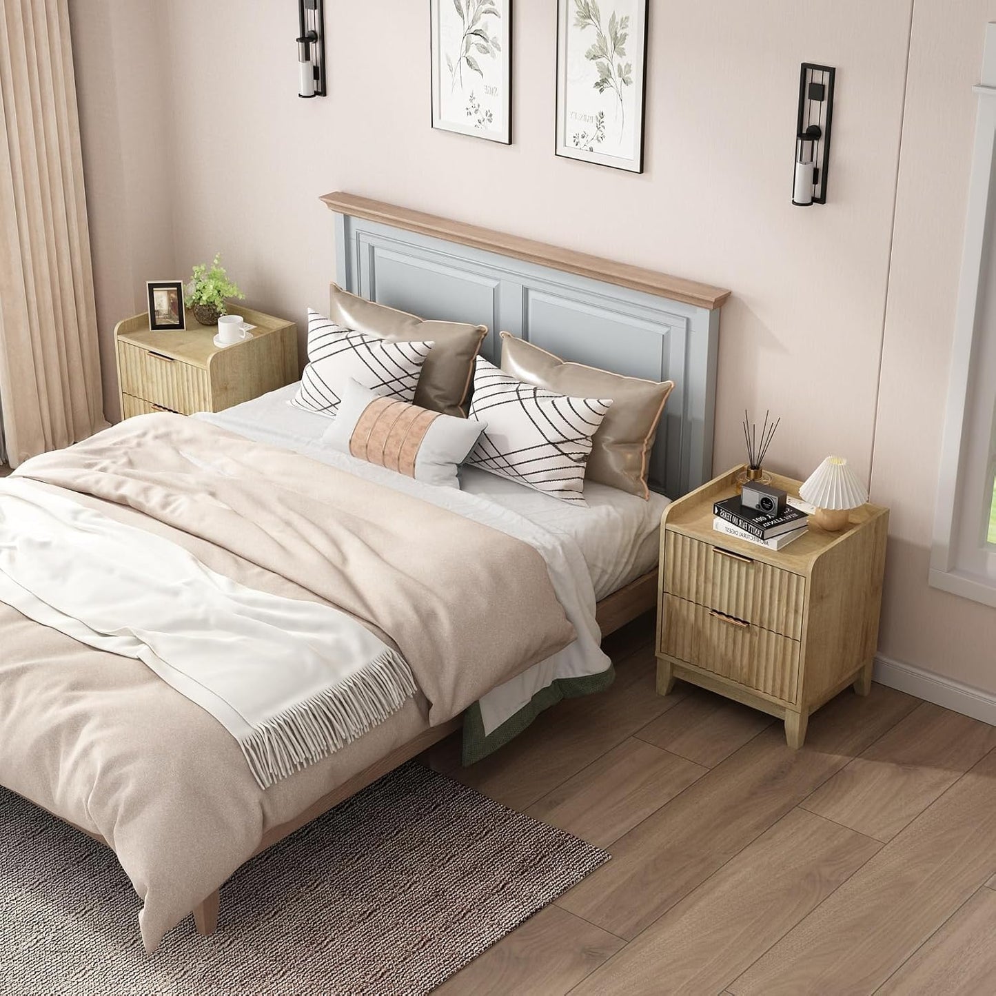 Wnutrees Fluted Nightstand with Charging Station, Modern Bedside Table with 2 Drawers, Farmhouse Wooden End Side Table for Living Room, 2Pack, Natural