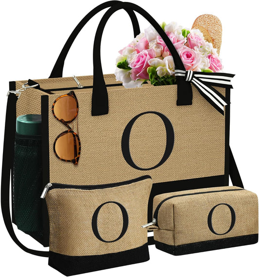 YOOLIFE Christmas Gifts for Women - Initial Jute Tote Bag & 2 Makeup Bags Personalized Gifts for Women Teacher Mom Friend