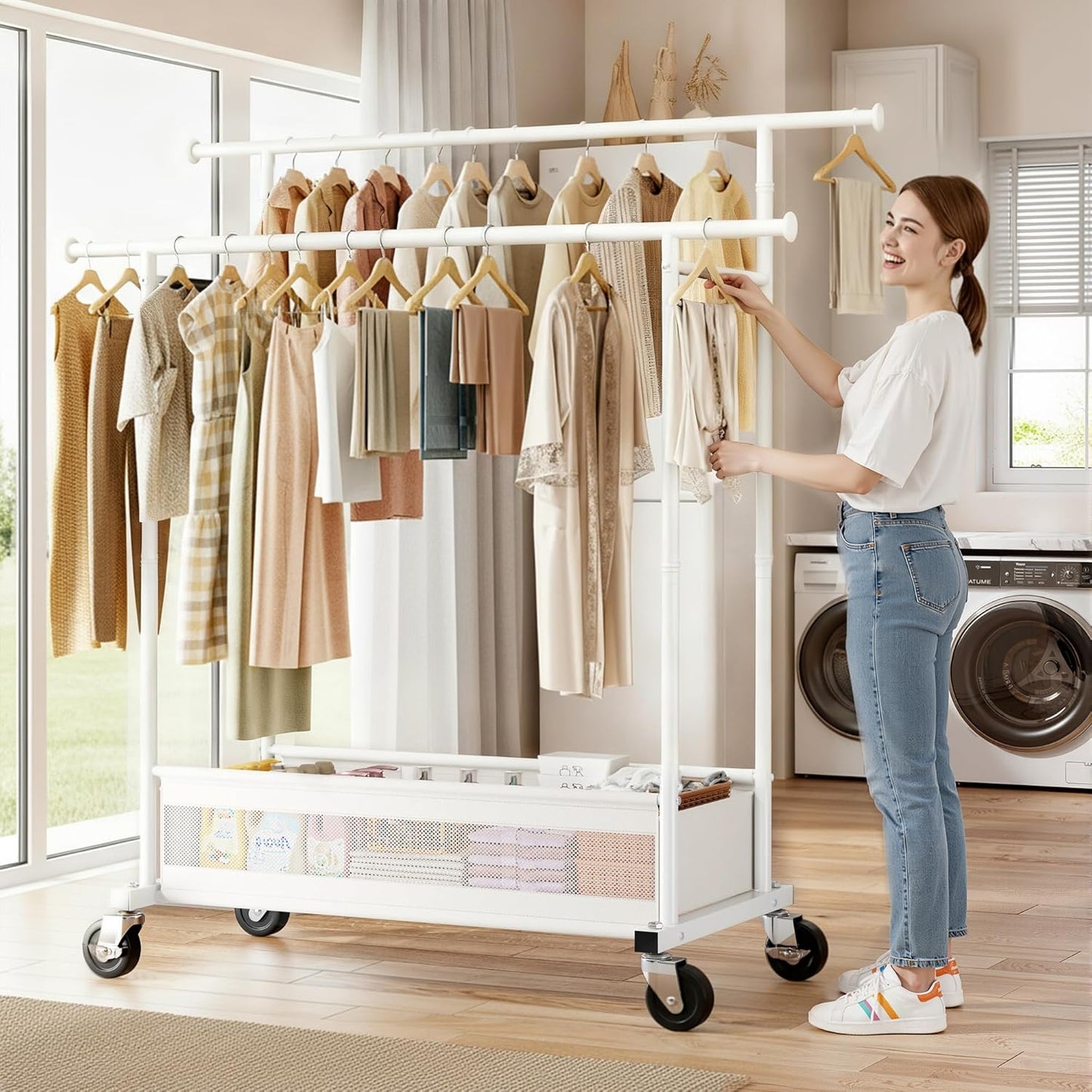 Clothes Rack, Double Rod Clothing Rack with Storage Bag & Sturdy Wheels, Metal Garment Rack for Closet Organizers and Storage, 43.3" W×17.7" D×63" H