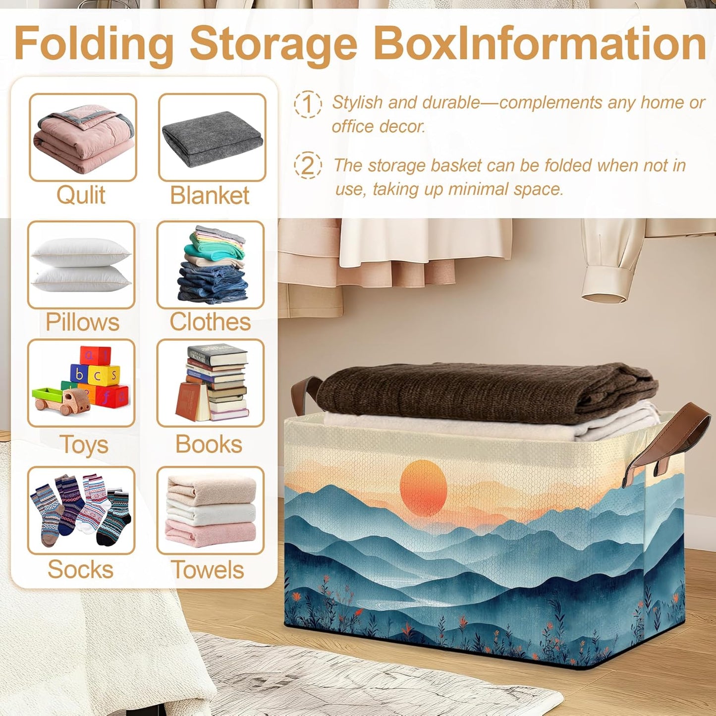 Storage Bin with Handles, Sun Mountains Collapsible Laundry Baskets for Books, Laundry - Use in Nursery, Closet Organizers and Storage, Blanket Basket