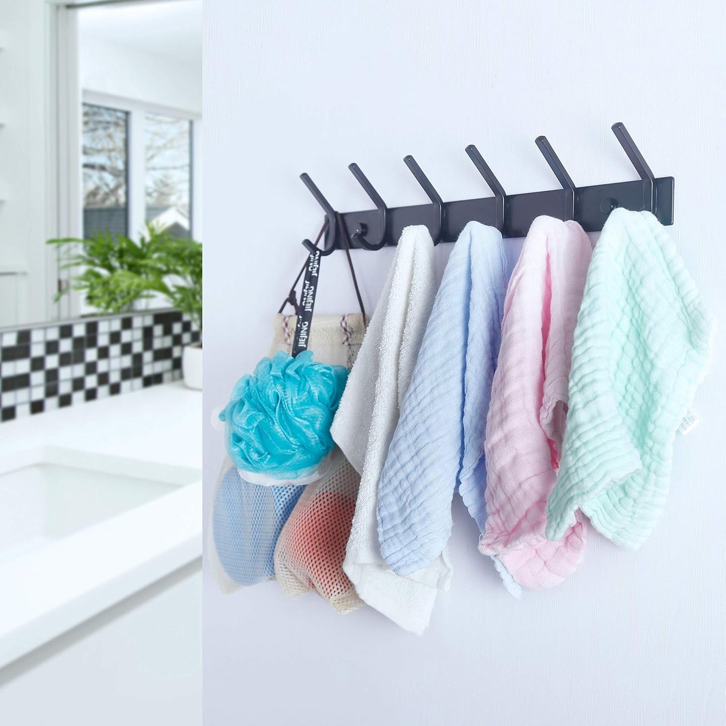 WEBI Coat Rack Wall Mounted,17-1/8 Inch Hooks for Hanging Coats,Heavy Duty Metal Hook Rail with 6 Double Dual Hooks Hanger Wall Mount for Purse Clothes Jacket Backpack Entryway,Black