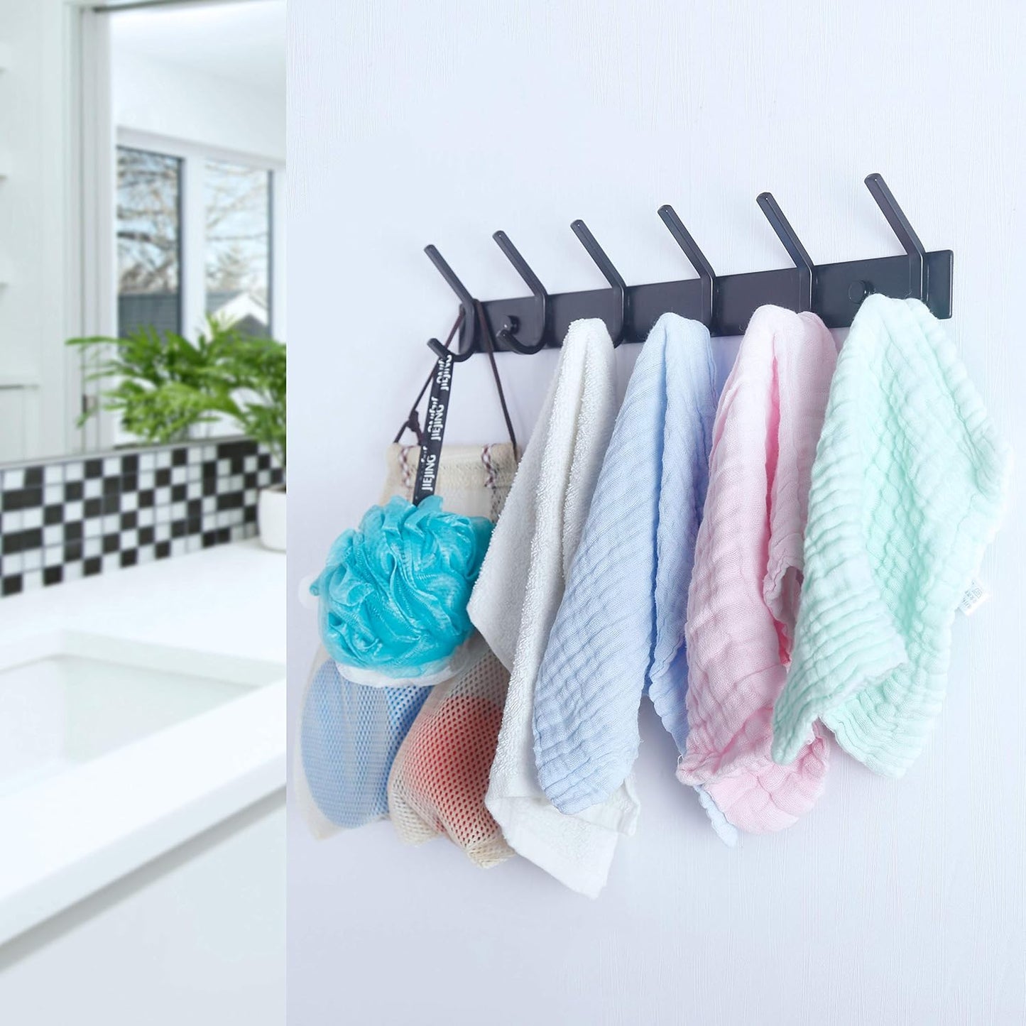 WEBI Coat Rack Wall Mounted,17-1/8 Inch Coat Hooks for Hanging Coats,Heavy Duty Metal Hook Rack Rail with 6 Double Dual Hooks Coat Hanger Wall Mount for Clothes Jacket,Black,2 Packs