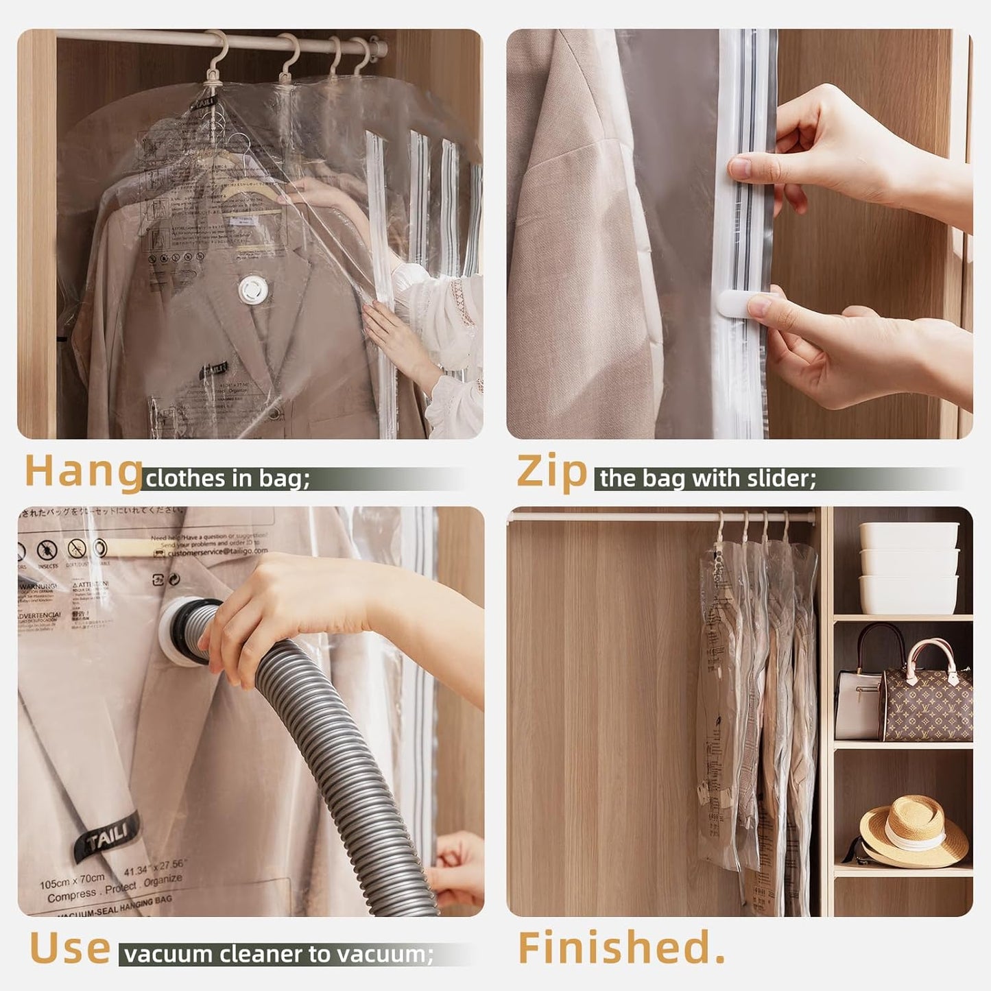 TAILI Hanging Vacuum Storage Bags Space Saver Bags, Vacuum Sealer Bags for Clothing, Suits and Jackets, Closet Organizers and Storage, (3 Long, 3 Short) Clear