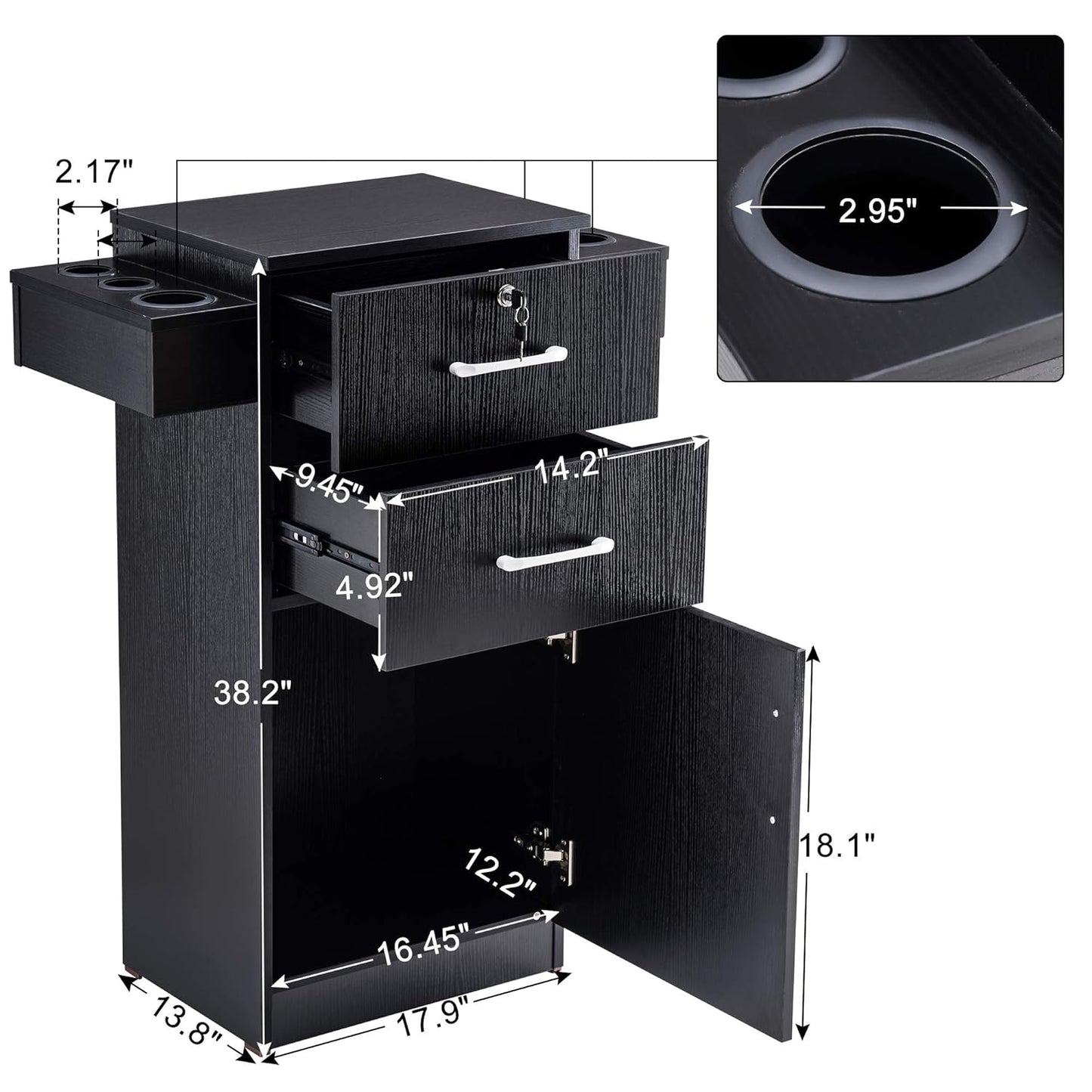 BarberPub 38"x18"x14" Locking Beauty Salon Storage Cabinet, Barber Styling Station with Nylon Hair Dryer Holder, Barber Shop Stylist Equipment with Drawers 2021 (Black)