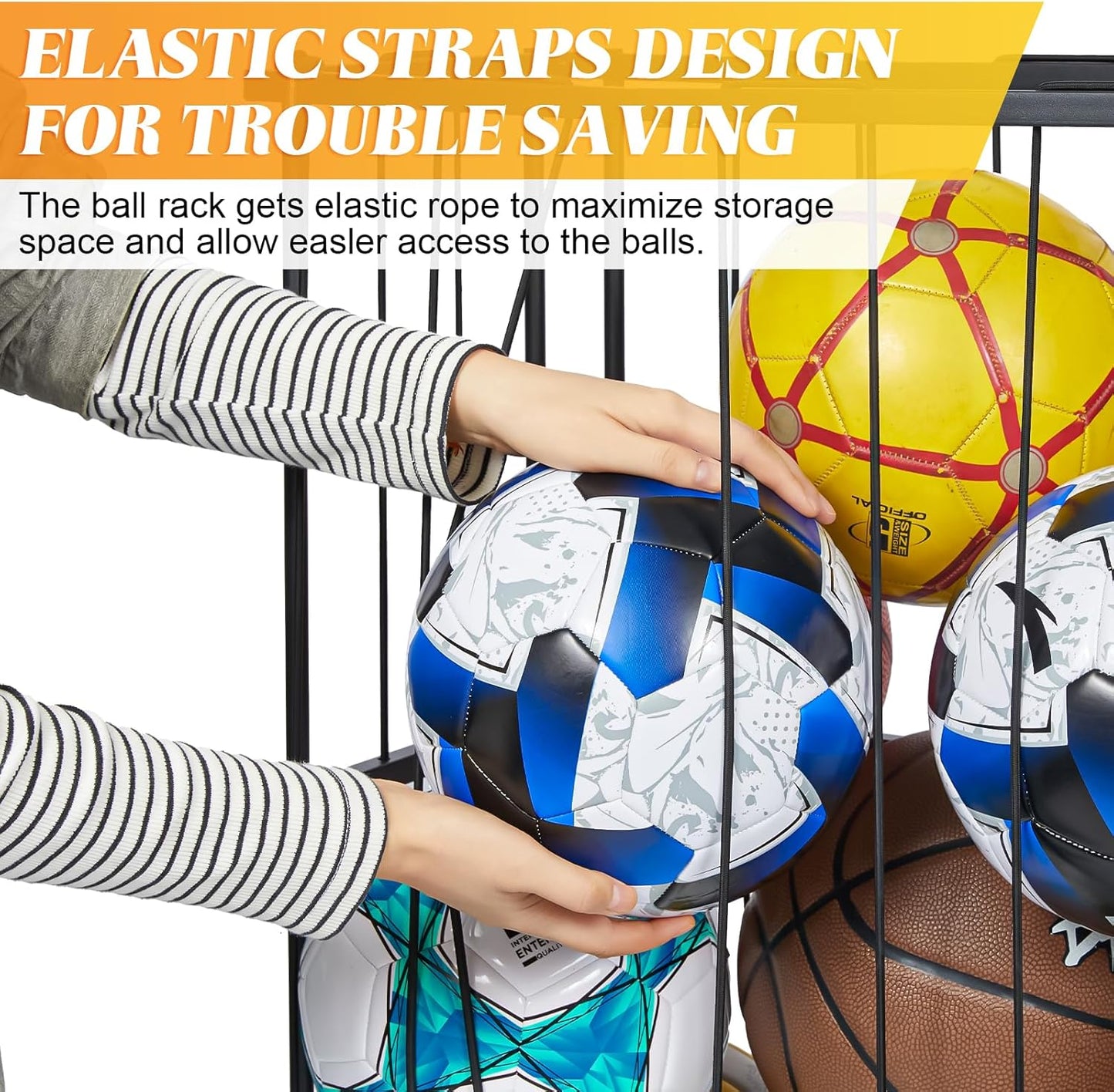 Garage Ball Storage Wall-Mounted & Floor Sports Equipment Organizer: Sports Ball Rack with Elastic Rope, Holder for Basketball, Soccer, Volleyball, Football, Garage, Gym, Black(Patent Pending)