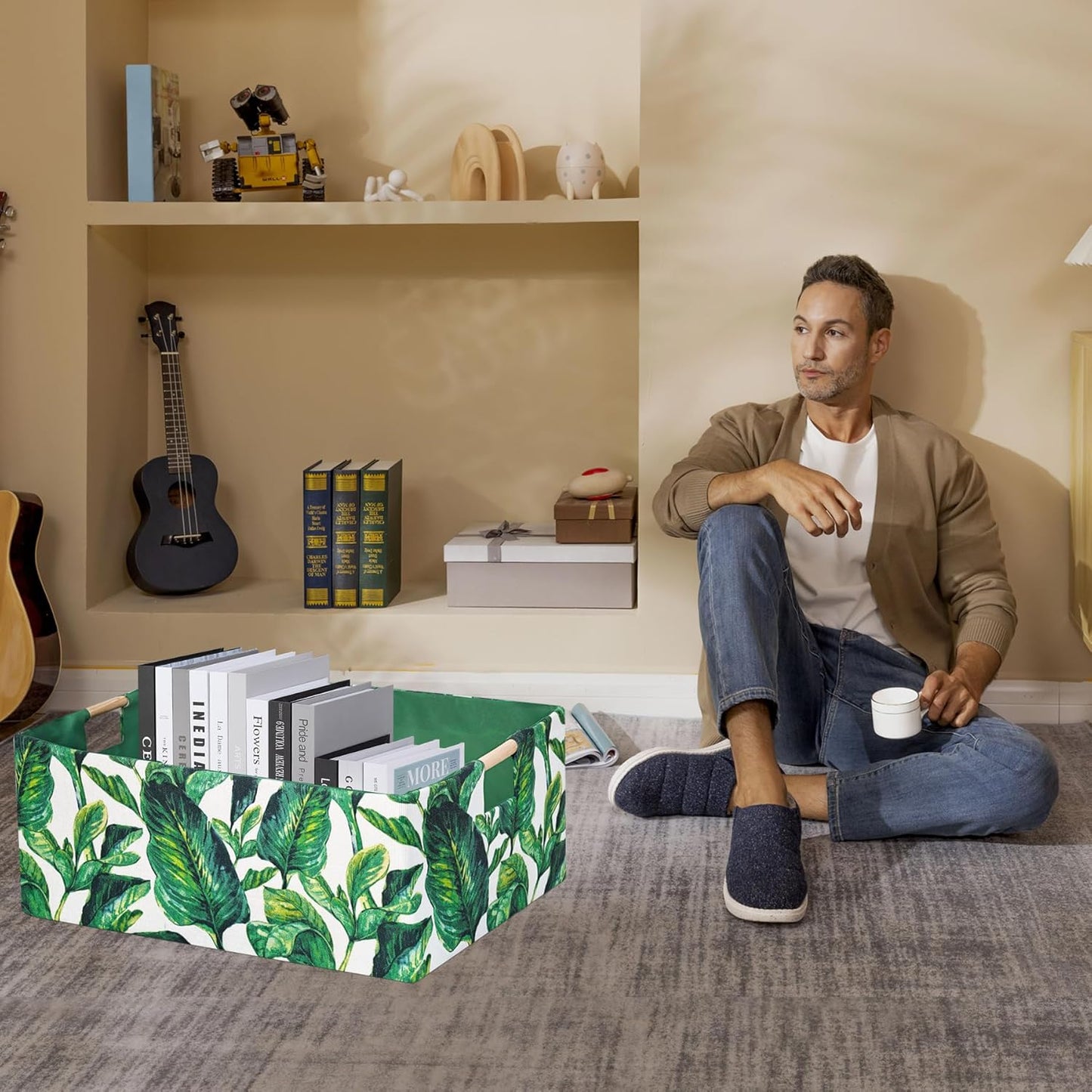 Storage Bin for Shelves Rectangle Closet Baskets Foldable Box with Handles Green Leaves Shelf Baskets Toy Boxes for Home Office Car Dormroom