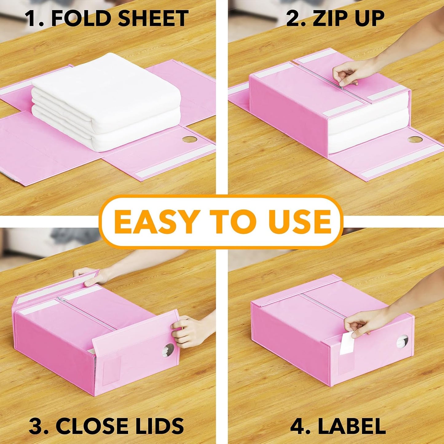 SpaceAid 4 Pack Bed Sheet Organizers and Storage, Foldable Sheet Organizer for Linen Closet, Sheets Set Folder Keeper with Window XL (Queen & King Size) Bedding Container (Pink, 4 Pack)