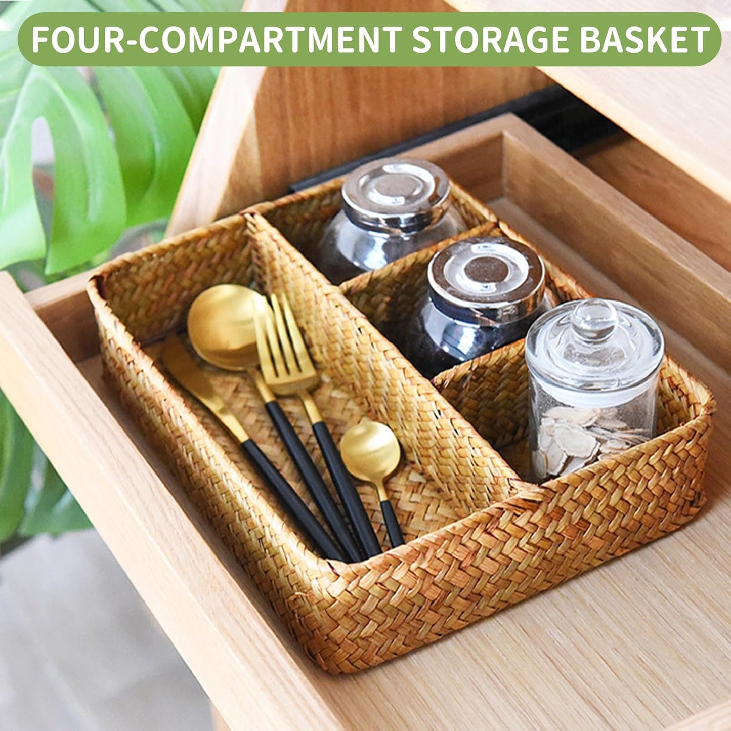 Wicker Baskets 4-Section Tea Bag/Sugar Packet Holder,Seagrass Woven Compartment Organizer,Storage Rattan Divided Basket,Office-Desk Baskets for Shelves,Pantry,Coffee Station Organizer,Countertops