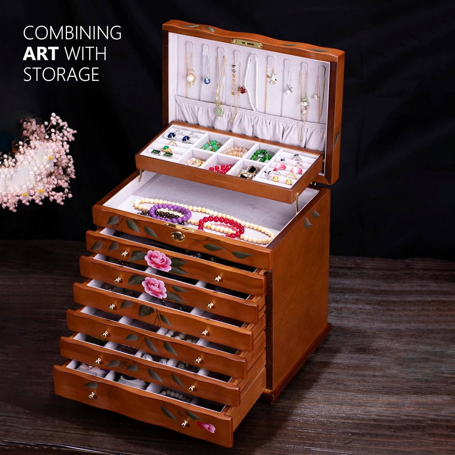 Hand-Painted Wooden Jewelry boxes for women,large jewlrey box&organizers for necklace hanger,jewerly organizer,9-layer large capacity jewelry storage box,jewelry cabinet