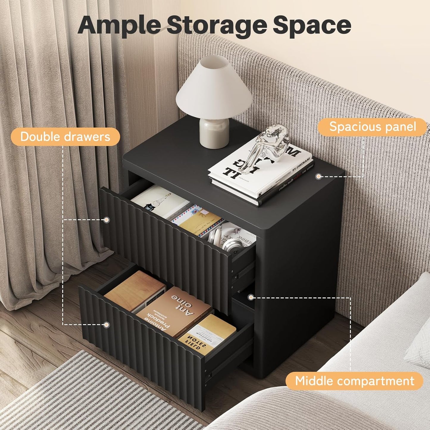 Dripex Fluted Nightstand with 2 Drawers, Large Wide Wood Night Stand Bedside Tables for Bedroom, Mid-Century Modern Storage Bed Side Table, End Tables for Living Room Sofa Couch, Black, Set of 2