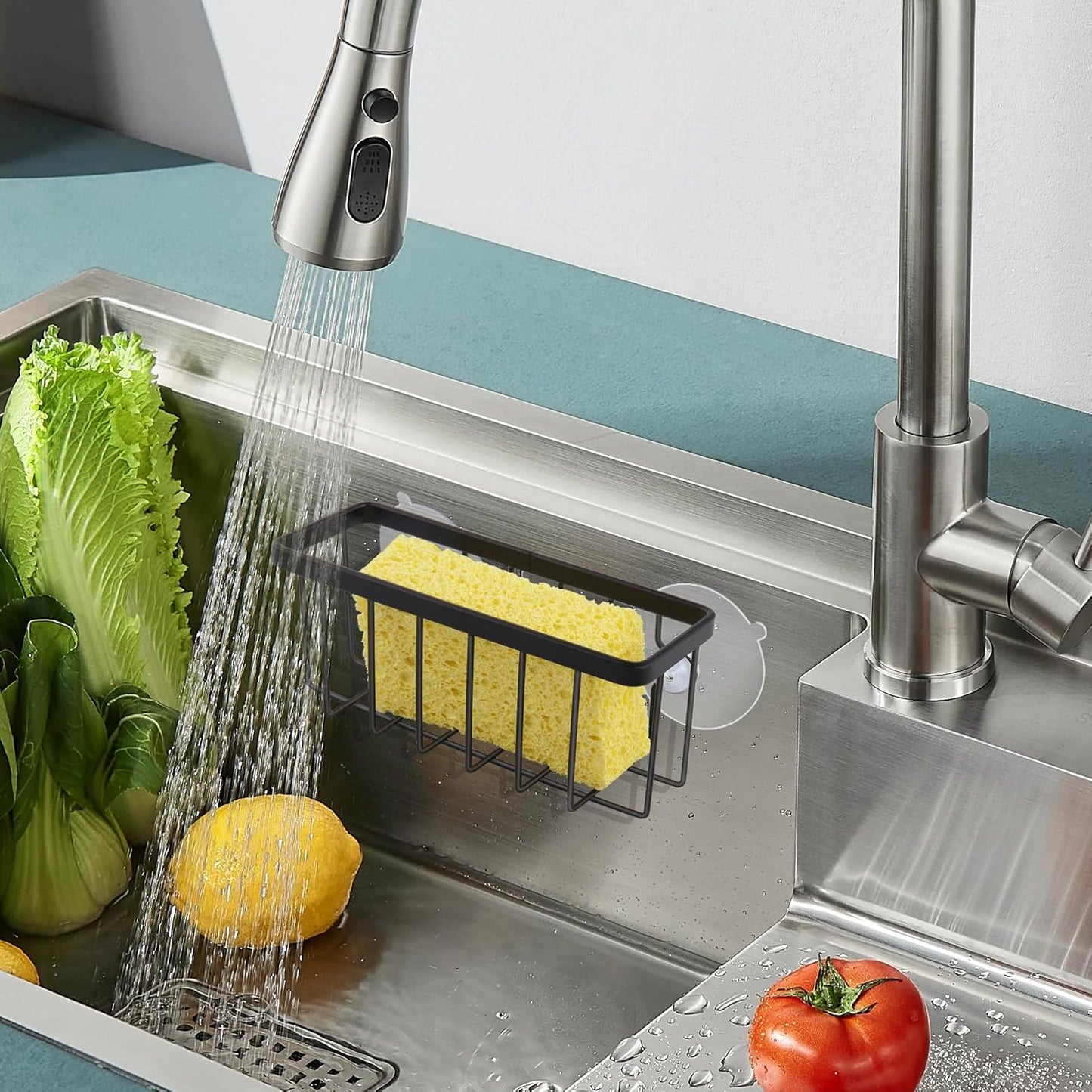 Sponge Holder for Kitchen Sink Suction,Stainless Steel Sponge Holder for Sponges, Scrubbers, Soap, Kitchen, Bathroom, Black
