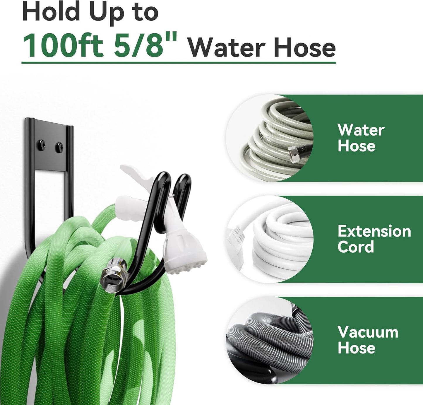Black Metal Garden Hose Holder - Wall Mounted Water Hose Holder - Hose Hanger Heavy Duty for Water Hose Extension Cords Vacuum Hose (2 Pack)