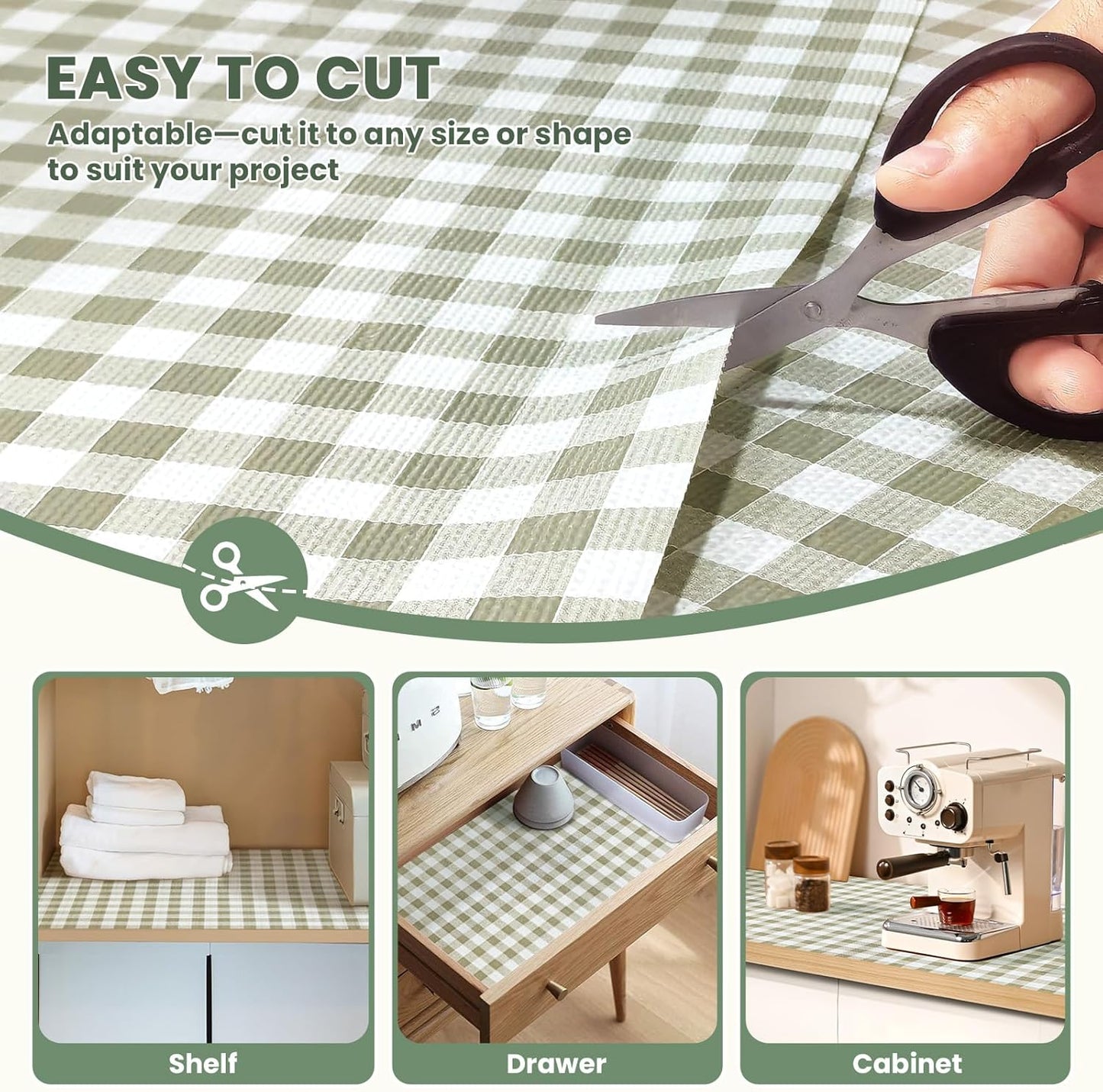 Drawer Liner and Shelf Liner for Kitchen Cabinet Liner Non-Adhesive Non-Slip Shelf Paper, Thick Strong Grip Waterproof Easy to Clean for Shelves, Cupboard, Desks, Green Plaid Pattern, 17.5 in x 40 FT