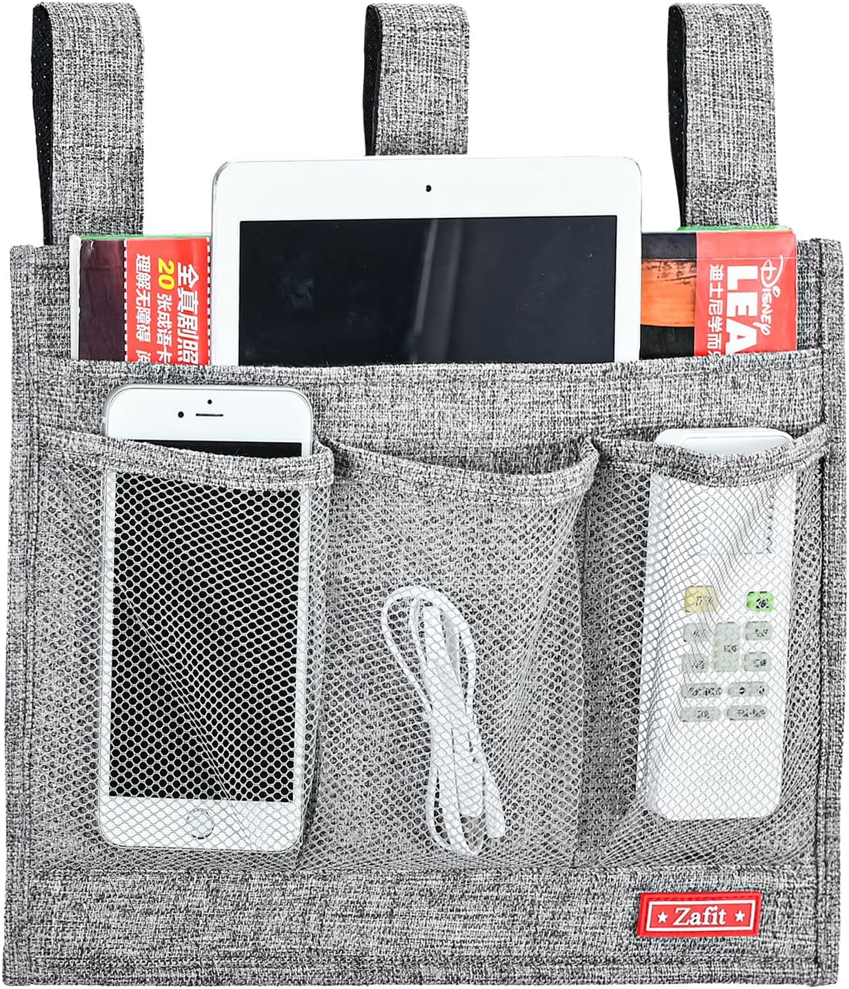 Linen Bedside Caddy, Bedside Storage Organizer for Hospital Beds, College Dorm Rooms or Baby Bed (Classic 4 Pockets Grey)
