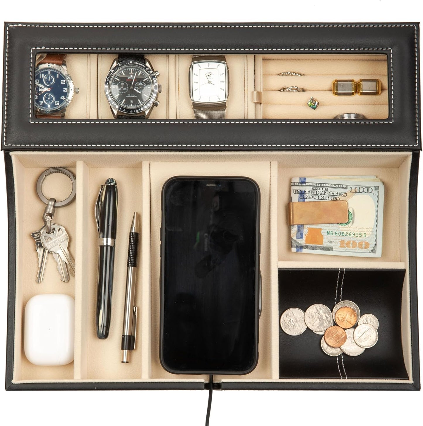 HOUNDSBAY Navigator Large Dresser Valet Tray & Mens Jewelry Box Organizer - Watch Box Organizer for Men with Angled Charging Station (Ivory)