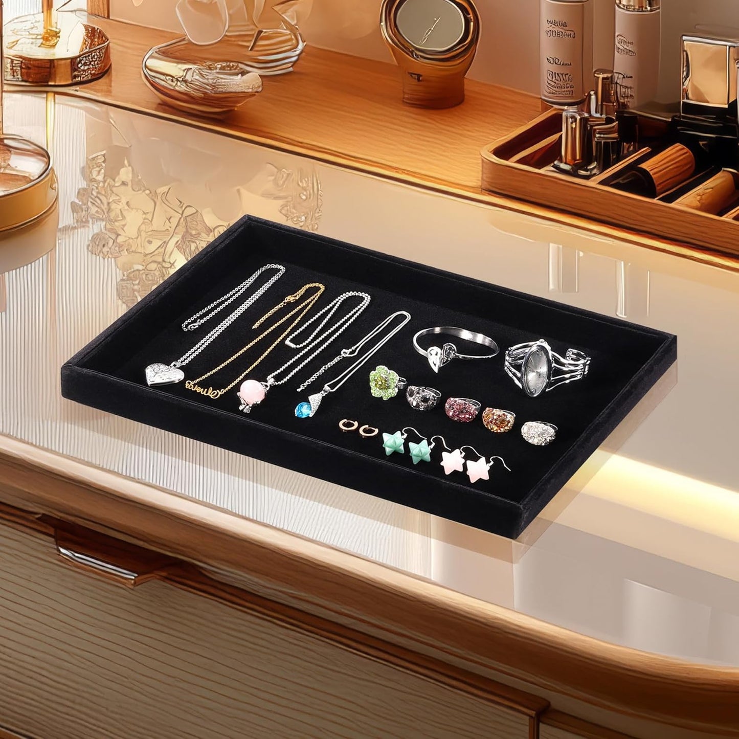 Mornajina 13.8" x 9.5" Velvet Jewelry Tray Jewelry Display Tray, Stackable Empty Plate Trays for Earrings Necklaces Bracelet Rings Display Showcase - Black