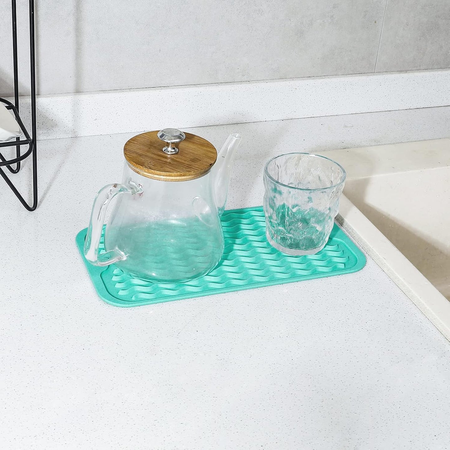 Silicone Dish Drying Mat for Multiple Usage,Easy clean,Eco-friendly,Heat-resistant Silicone Mat for Kitchen Counter or Sink,Refrigerator or Drawer Liner Mint S 12 inches x 6 inches