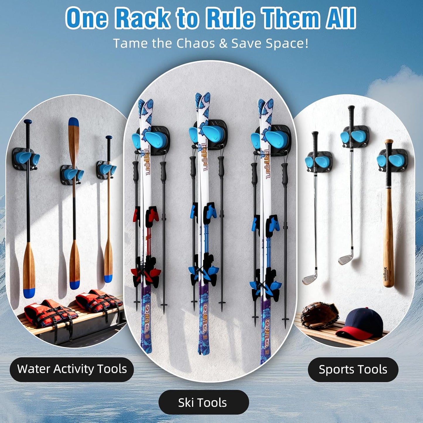 WDZREE Ski & Snowboard Wall Rack for Garage, Fits Any Ski or Board, Ski Wall Mount Garage Organization Holders, Damage-Free Storage Rack, Space-Saving Clamp Winter Gear Organizer, Blue (Blue, 1 Pack)