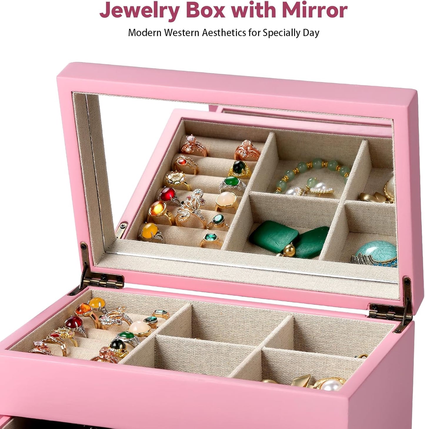 Meangood Jewelry Box Organizer for Women, 2 Layer Large Jewelry Storage Case, Rustic Wooden Jewelry Box with Mirror & Ring Tray for Necklace Earring Bracelets Rings, Vintage Style (Pink)