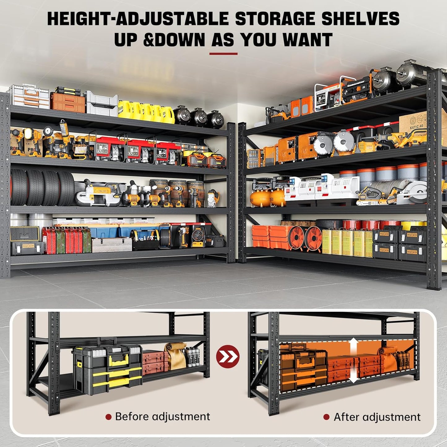 5000LBS Storage Shelves,60" W Garage Shelving Heavy Duty Metal Adjustable Garage Shelves, Shelving Units Industrial Shelving for Warehouse,60" W x 24" D x 70" H,Black