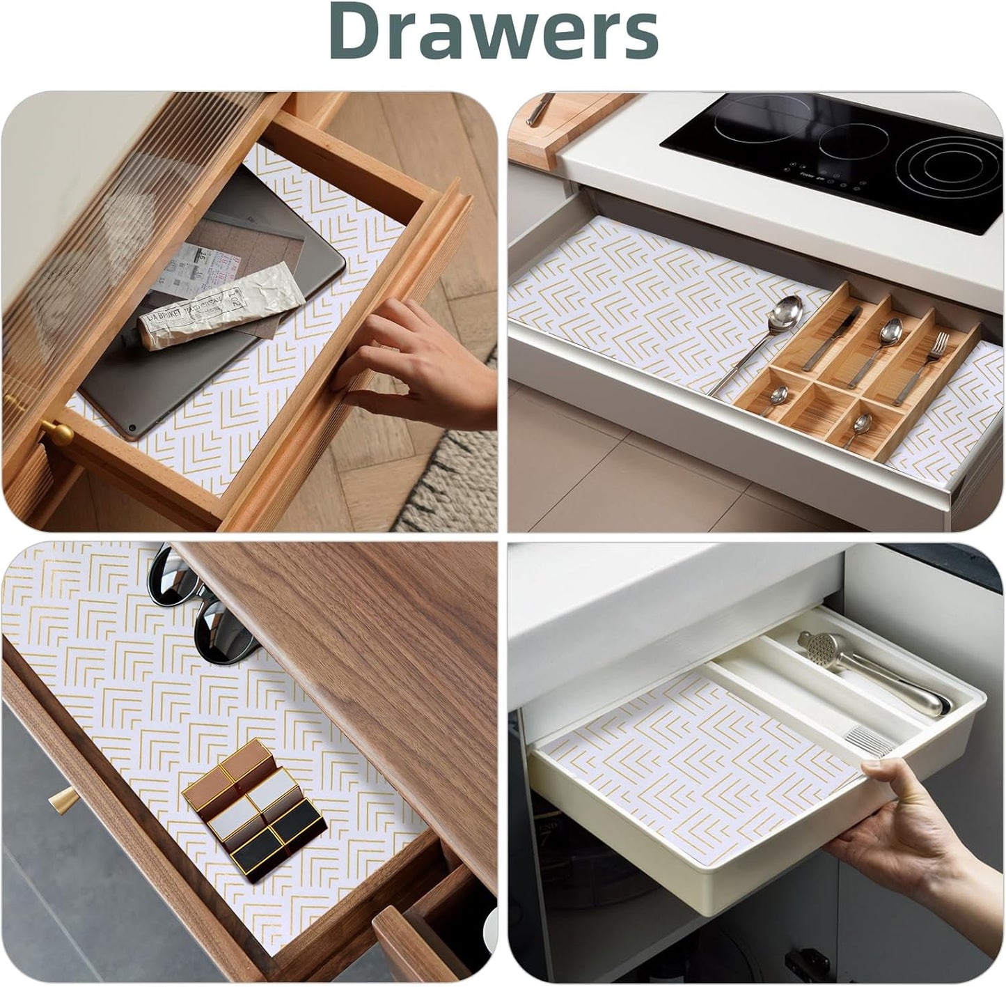 Shelf Liner for Kitchen Cabinets Non Adhesive Drawer Liner Non-Slip Thickened Shelf Liner Paper Strong Easy to Clean for Tool Box Refrigerator with Knife and Tape Measure, Gold Arrow, 23.6in x 39.37FT