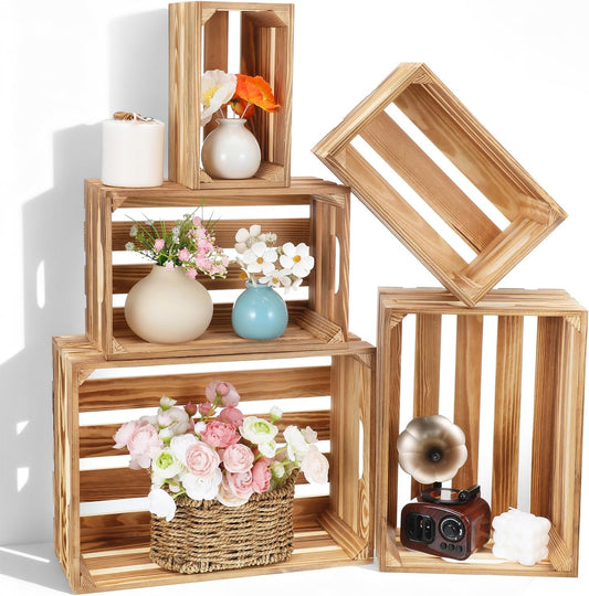 5 Pcs Decorative Nesting Wooden Crates for Storage Display Rustic, Large Torched Wood Storage Crates, Large Farmhouse Wooden Basket with Handle for Storages Container and Decorations, 5 Size