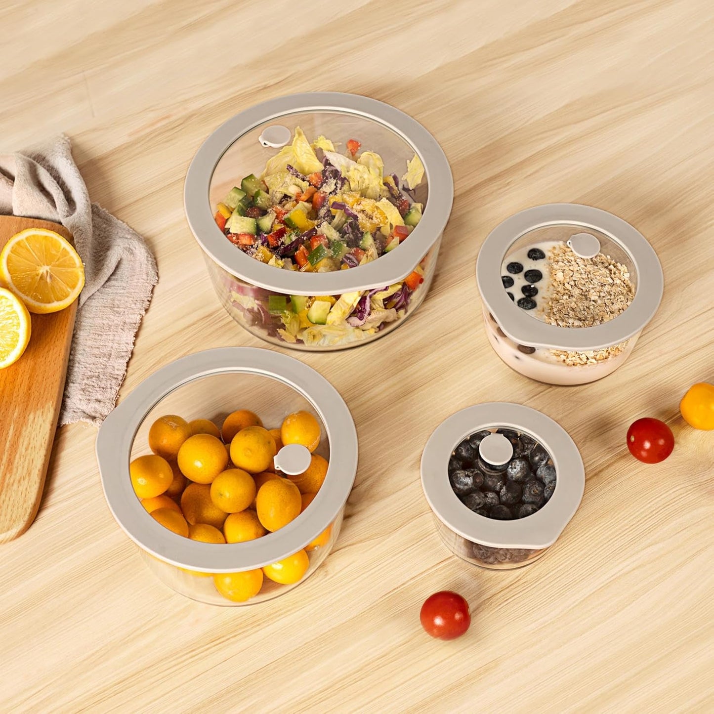 Glass Food Containers with Glass Lid, Microwave Safe Food Storage Container, Large 4 Pack Round Shape, Food Containers with Lids, Meal Prep containers with Leak Proof Lid.