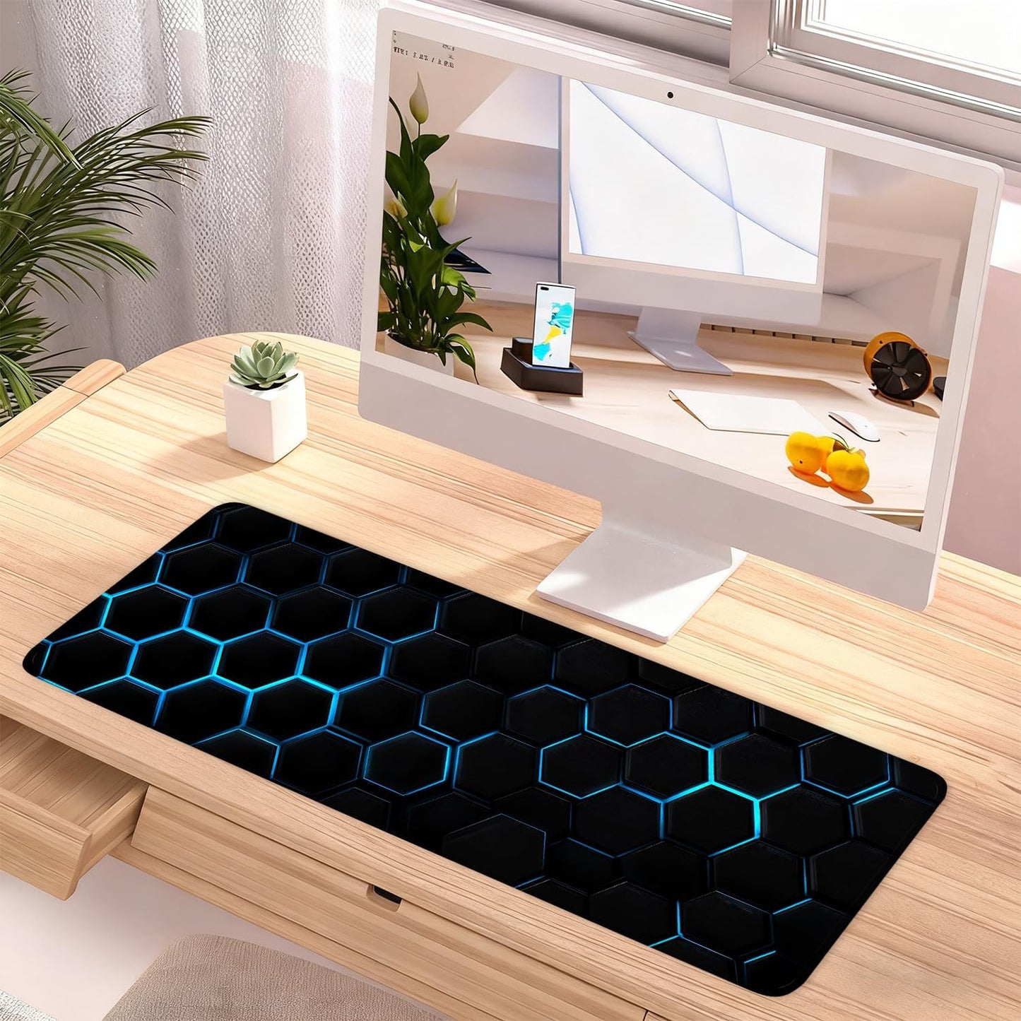 Gaming Mouse Pad – Large Extended Desk Mat 31.5 x 11.8 in– Futuristic Black Honeycomb Design with Blue Glow, Non-Slip Base, Waterproof Surface, Keyboard & Mouse Pad for Gaming or Office
