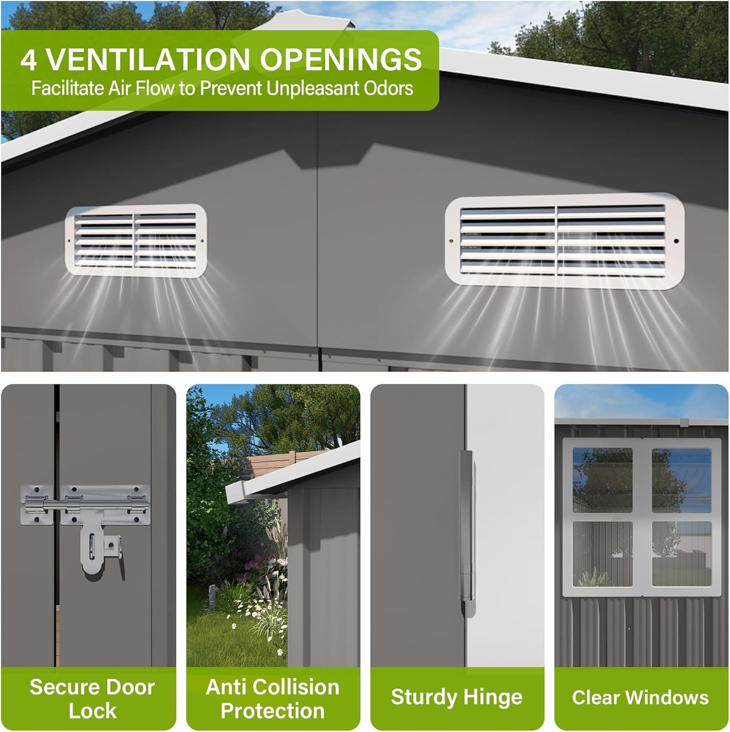 Metal Storage Shed, 10 X 14 FT Lockable Outdoor Tool Shed with Air Vent and Clear Windows, Galvanized Steel Garden Shed for Backyard, Patio, Garden, Bike Storage or Outdoor Use, Grey