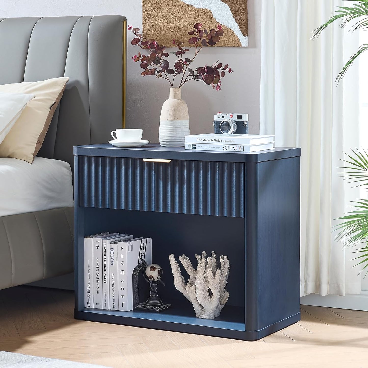 LEYAOYAO 31" Wide Fluted Nightstand Set of 2 with Charging Station, Oversized Extra Large 1 Drawer Night Stand with Golden Handle, Blue Wood Bedside Table Tall End Tables,for Bedroom, Living Room