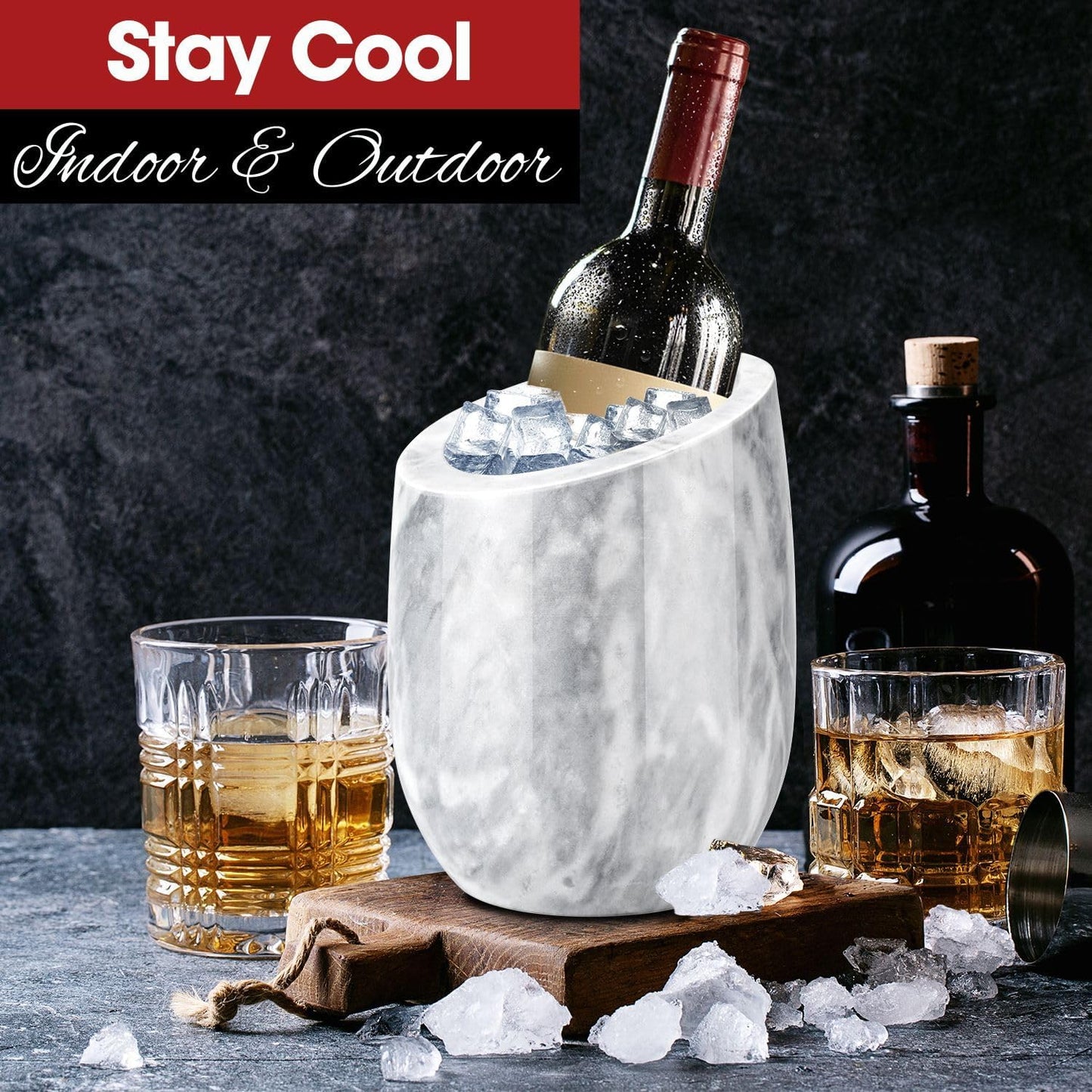 Flexzion Marble Wine Chiller Bucket – White Wine Cooler & Champagne Bucket for Bar Cart Decor, Kitchen & Parties – Gifts for Men, Women & Enthusiasts – Fits 750ml Bottles
