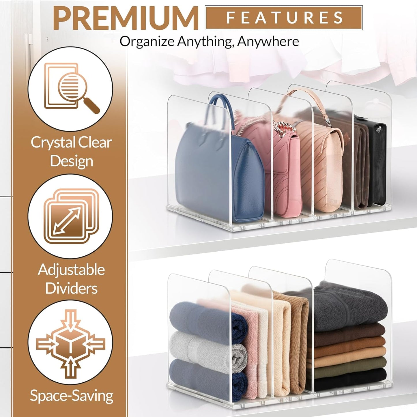 Adjustable Bag & Purse Organizer for Closet | Clear Shelf Dividers for Closet Organization, Vertical Handbag Separator for Sweater, Shirts & Clutches, Perfect for Bedroom, Living Room, Home