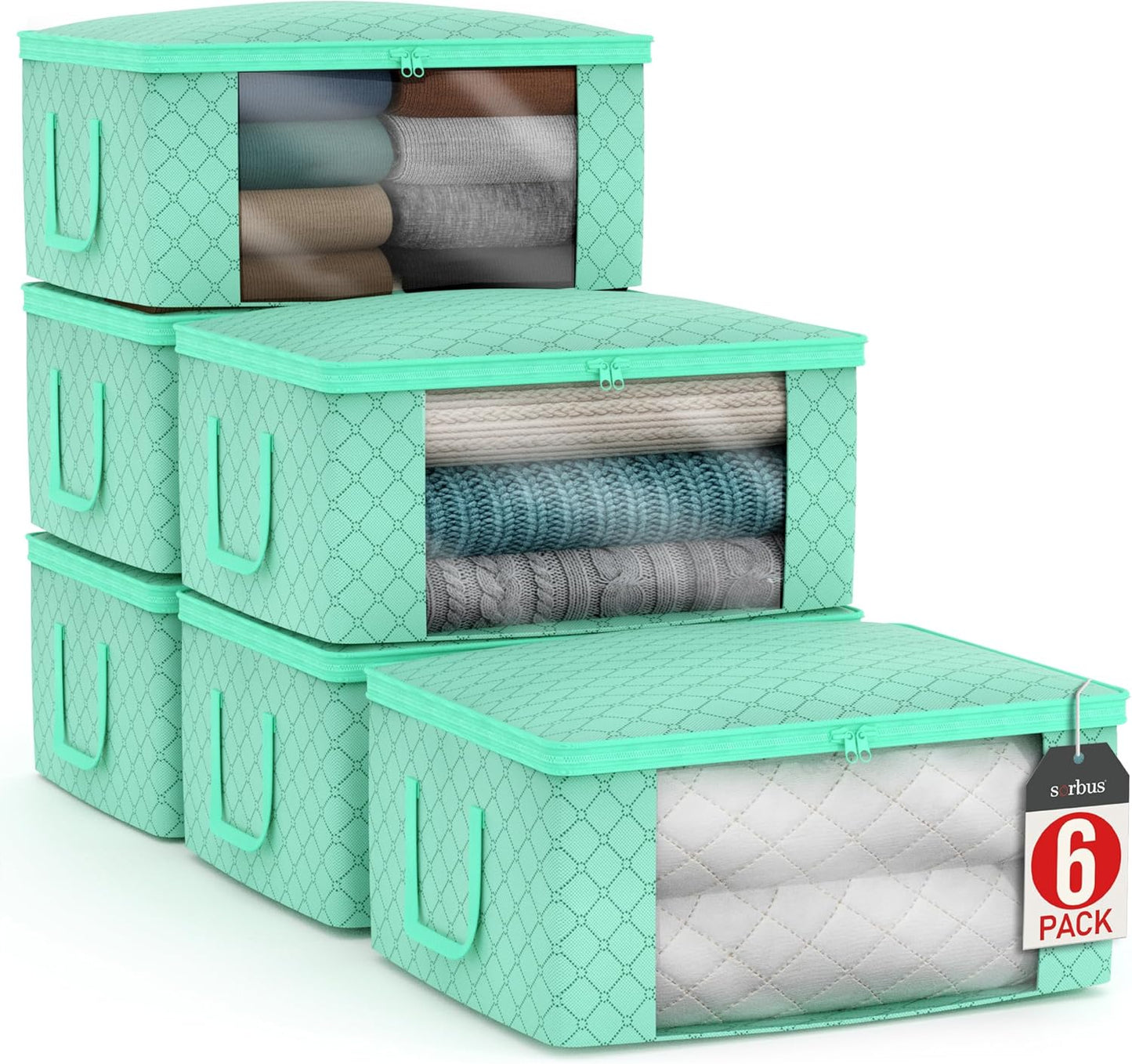 Sorbus Medium Clothes Storage Bags - Foldable Blanket Storage Bins for Organizing Bedroom, Closet, Clothing, Comforter, Organization with Clear Window, Lids and Carry Handles - Set of 6