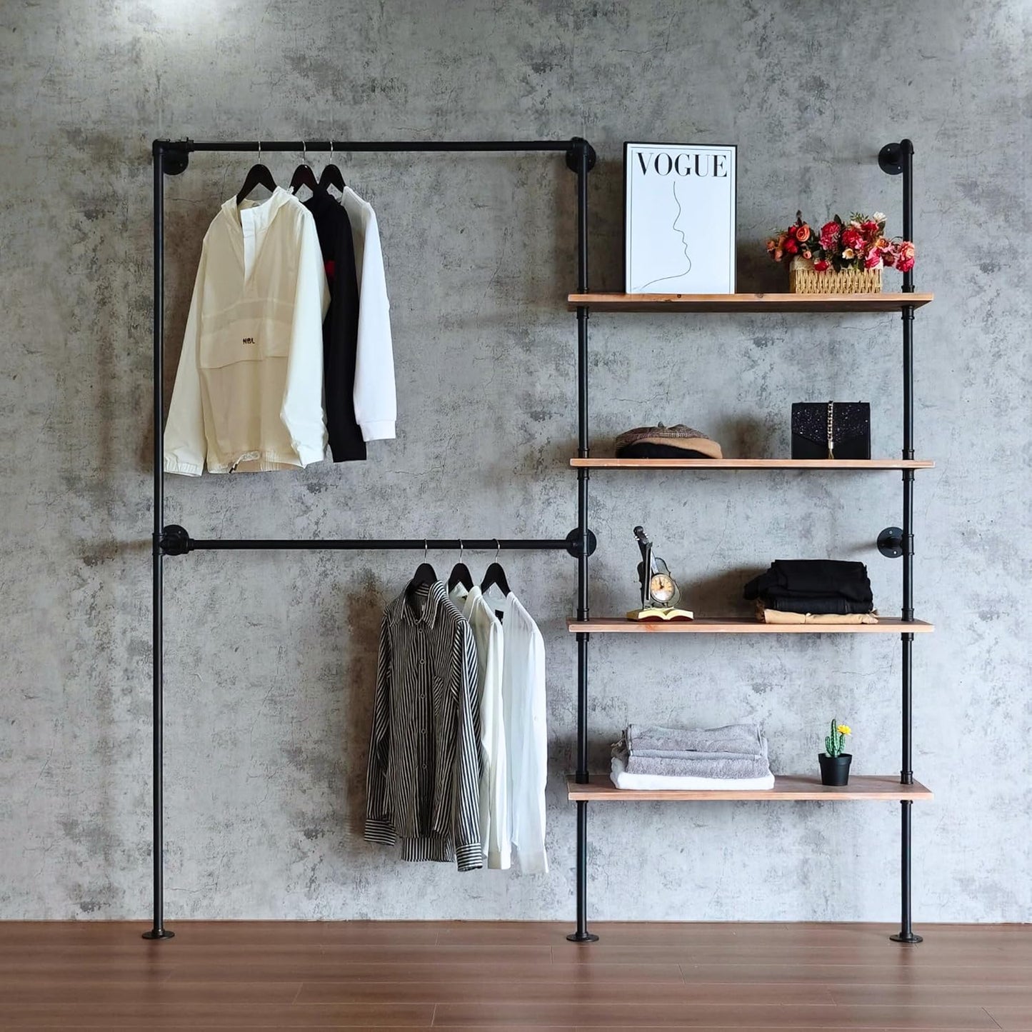 Industrial Pipe Clothing Rack, Wall Mounted Garment Black Wall Hanging Clothing Rack, Heavy Duty Clothes Rack for Walk in Closet Storage, Laundry Room, 14.6x76x82.7 Inches, Model Y02