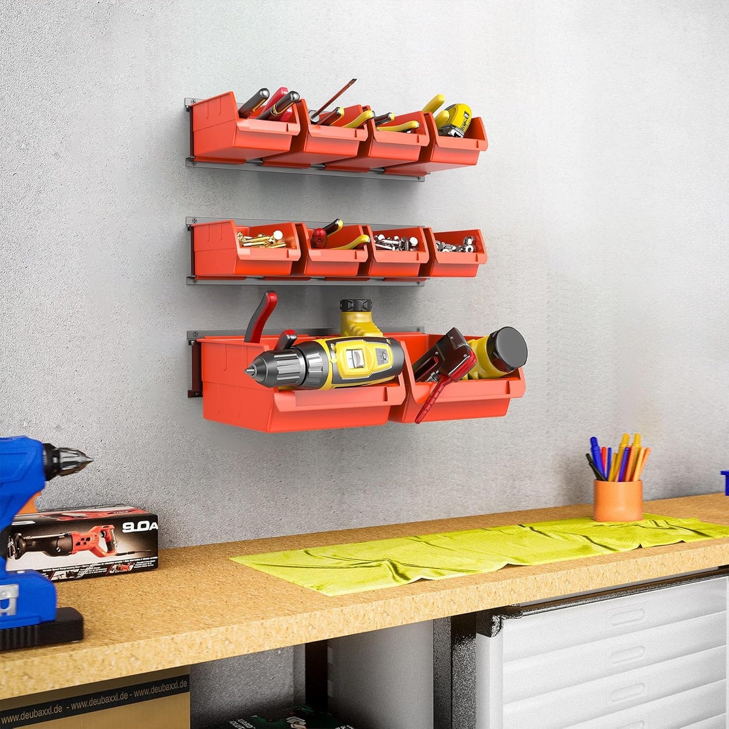 WALMANN Wall Mounted Storage Bins for Small Parts, 10 Bins with 3 Metal Rails, Plastic Bins for Screws, Bolts, Nuts, Craft Room, Workshop, and Garage Wall Storage Bins(Orange-red)