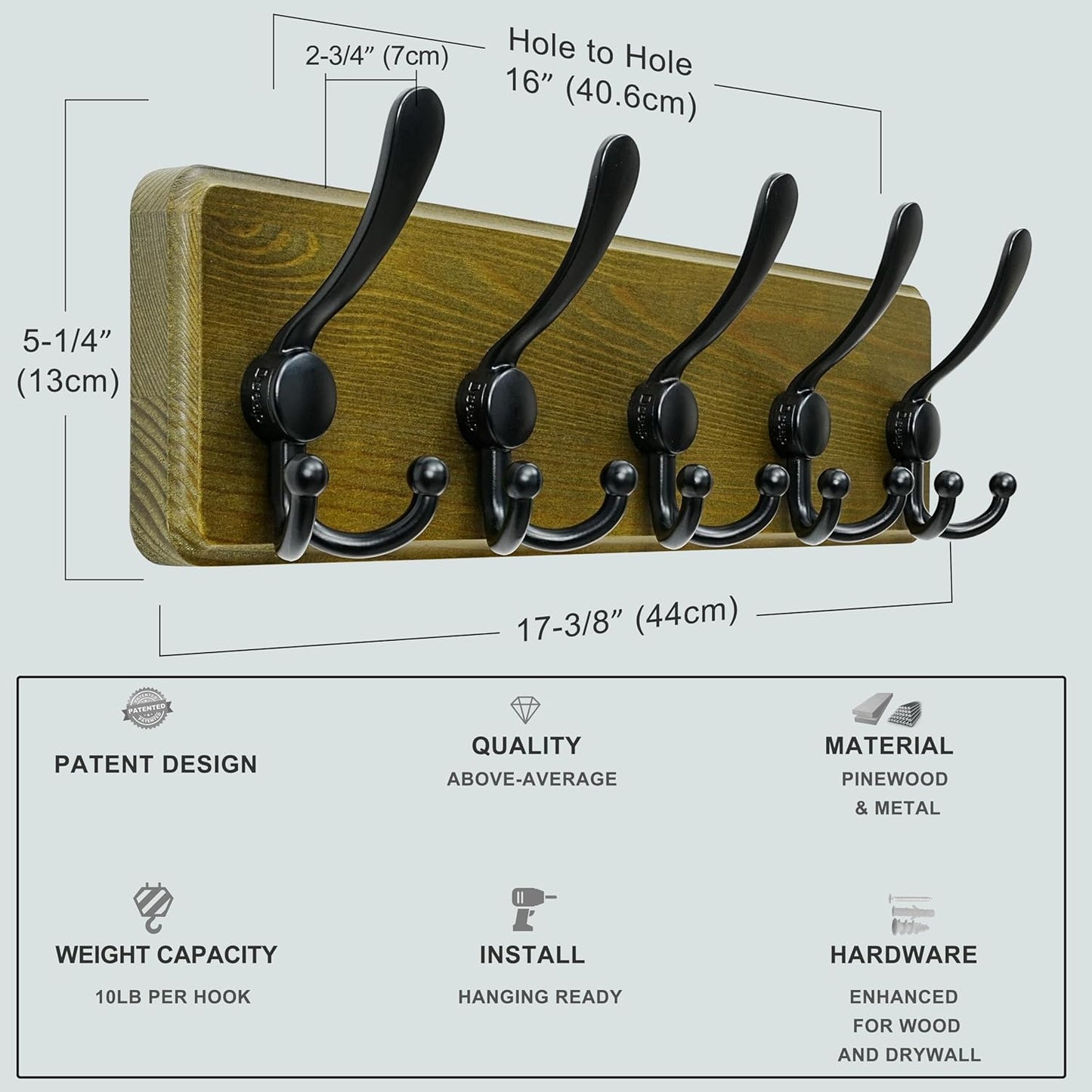 Dseap Coat Rack Wall Mount - Heavy-Duty Robust Barnwood-Style Wooden Wall Coat Hanger Hook Rail with 5 Triple Hooks for Winter Coats Hat Jacket Clothing, Weathered Green & Black, Pack of 2